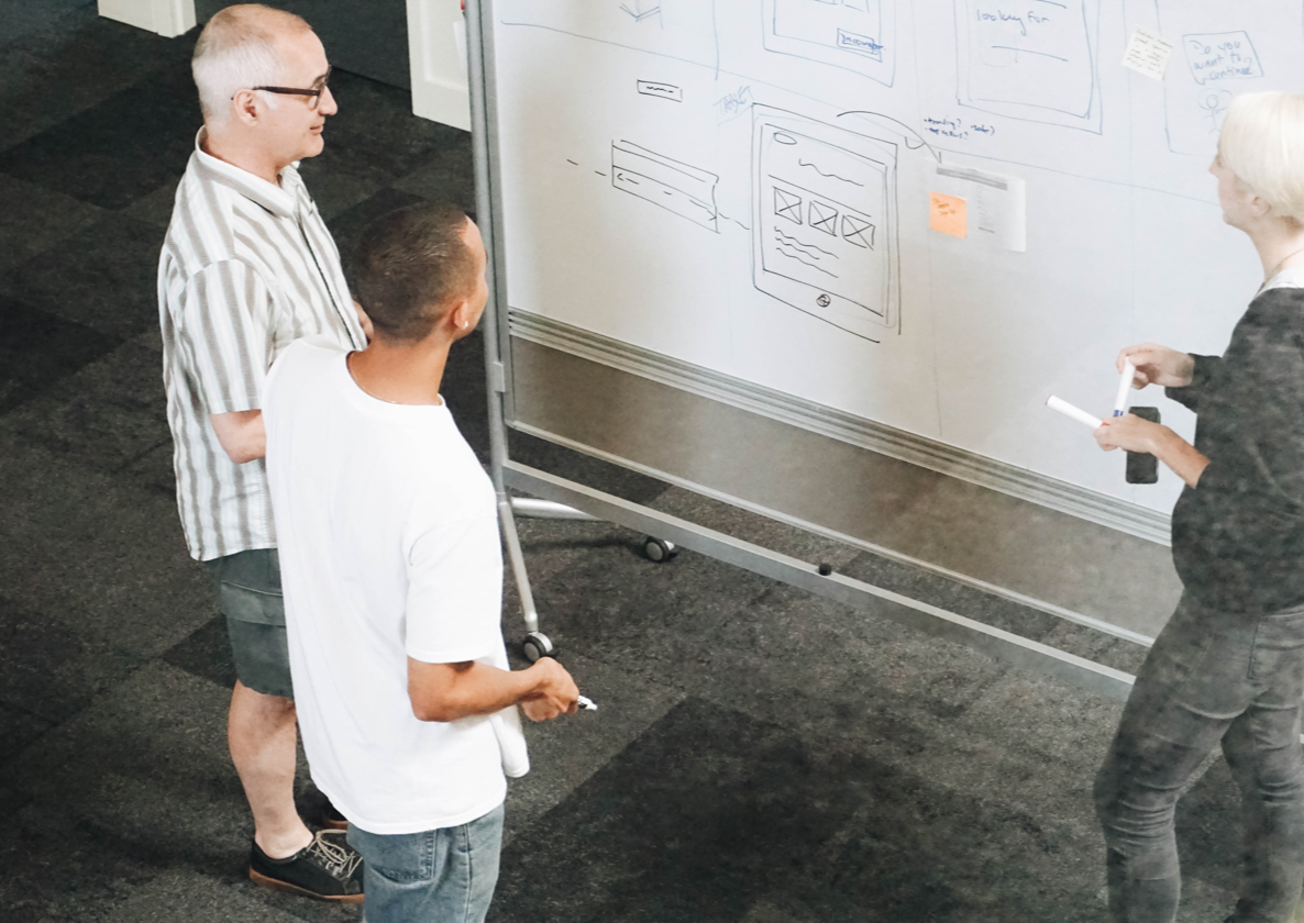 A group of Orium employees braiinstorming at a whiteboard.