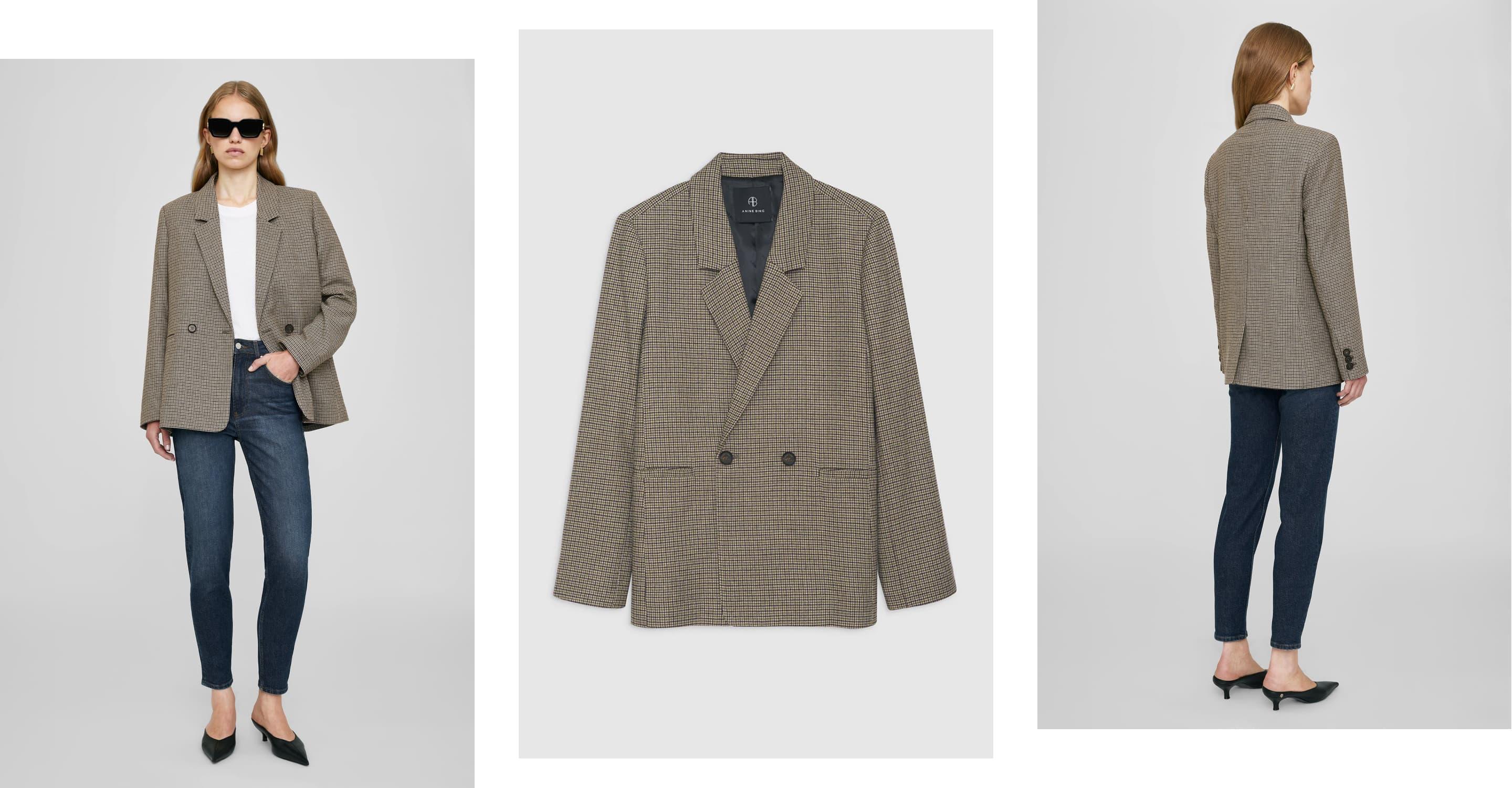 Una modelo con cabello rubio largo usando una chaqueta de traje ANINE BING a cuadros marrones con botones de doble botonadura, y una vista de producto único de la chaqueta.