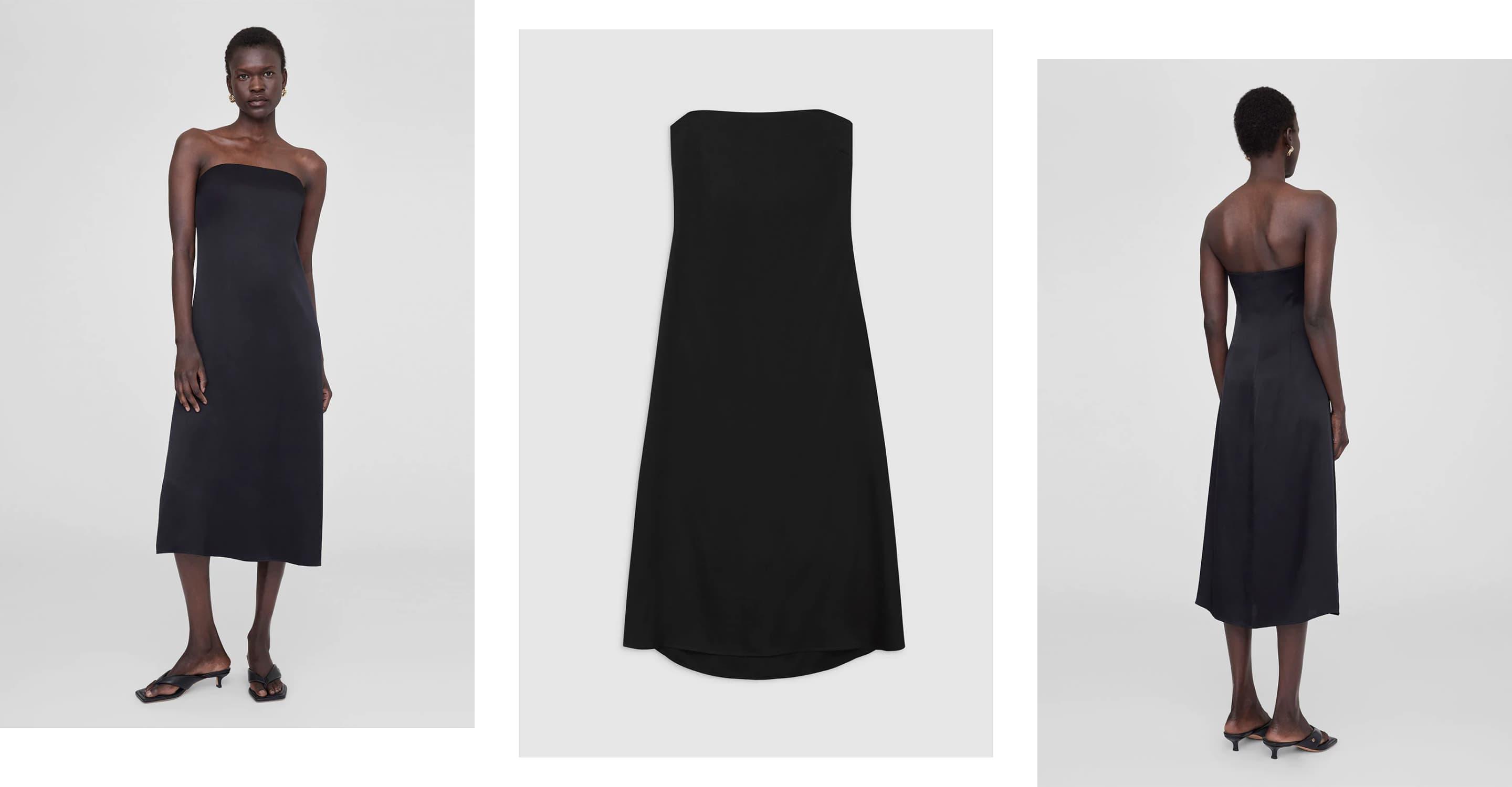 Una modelo con cabello negro corto usando un vestido negro sin tirantes ANINE BING, y una vista de producto único del vestido.