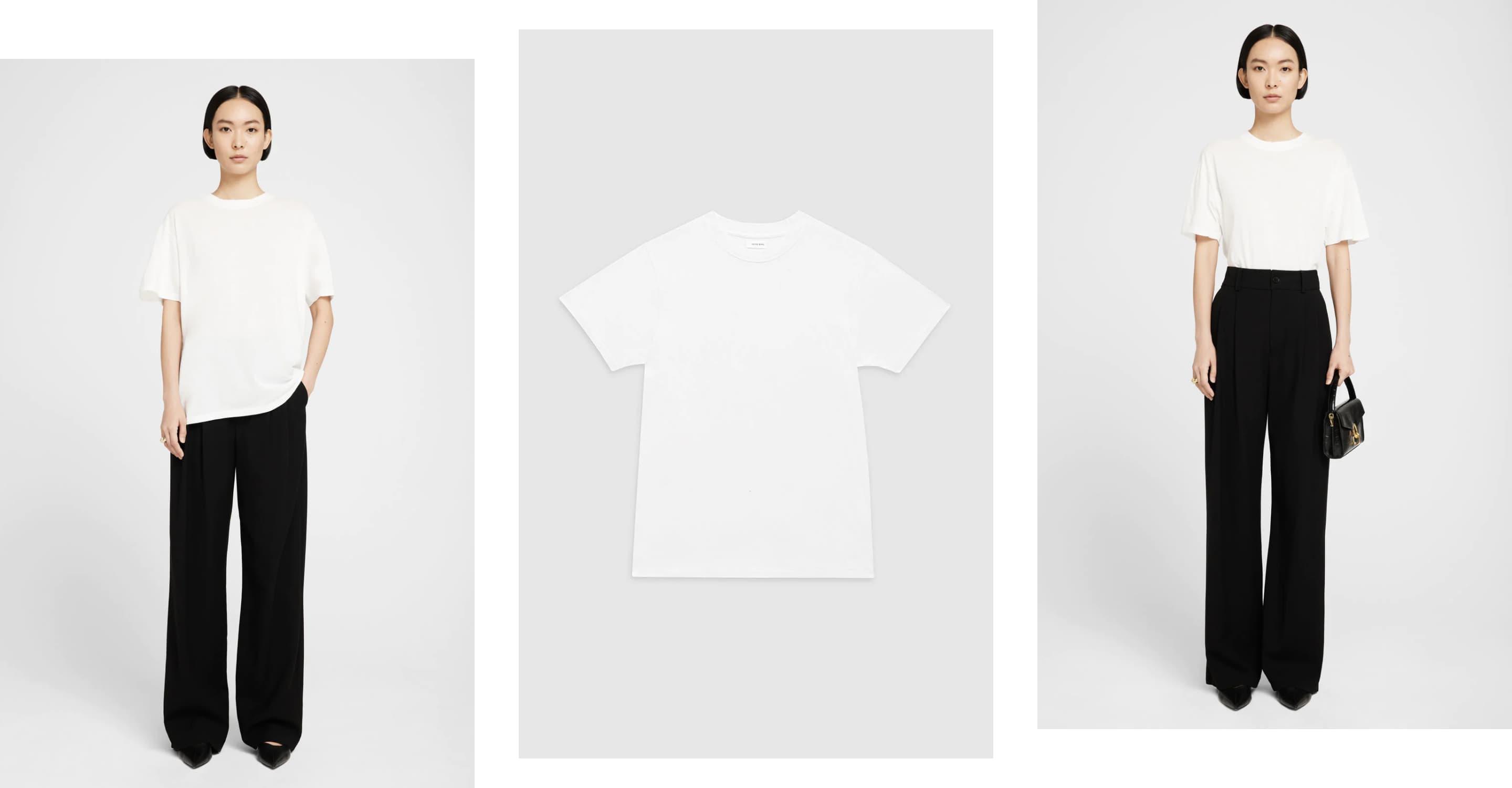 Una modelo con cabello negro corto usando pantalones de vestir negros ANINE BING y una camiseta blanca oversize, y una vista de producto único de la camiseta.