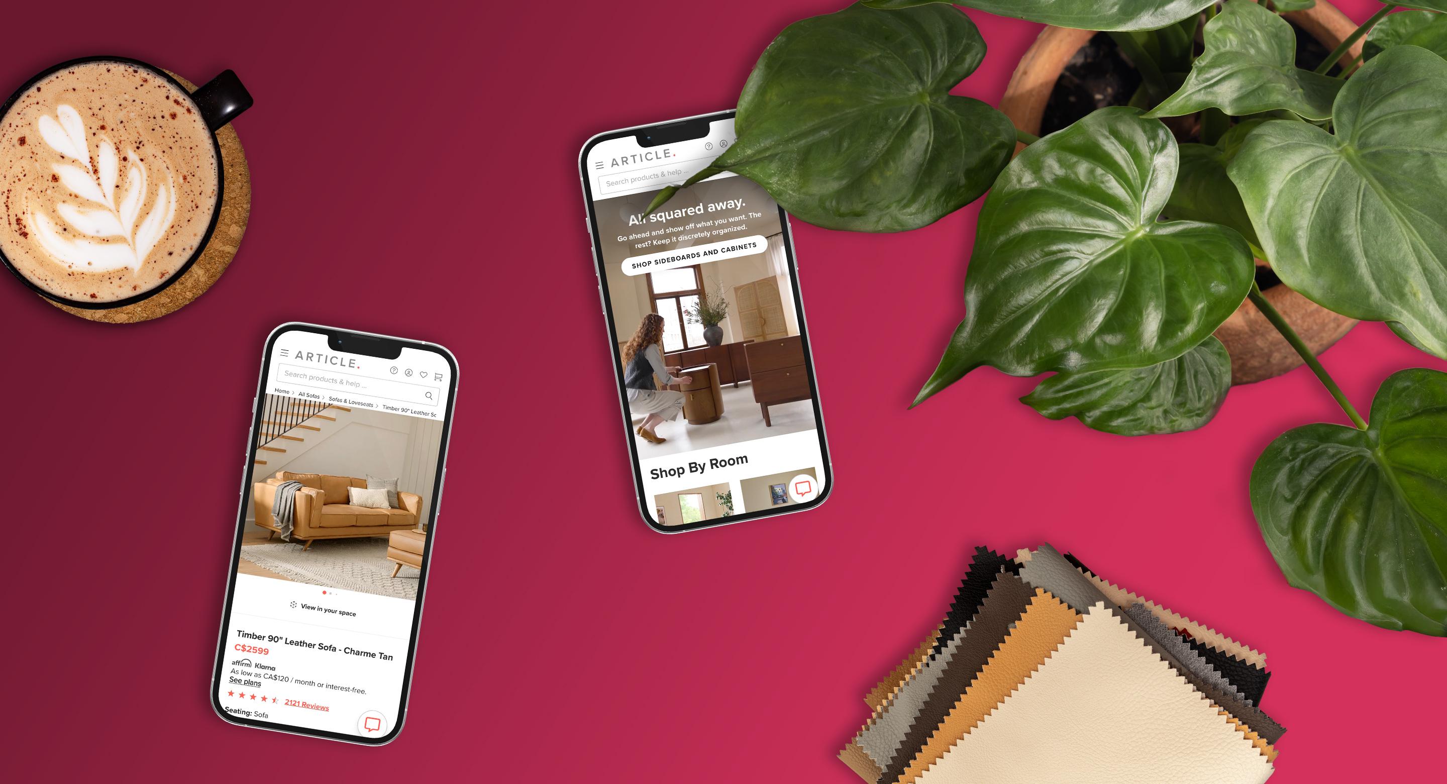 Two smartphones displaying a furniture shopping app on a red background, styled with a coffee cup, green plant, and fabric swatches to suggest online home décor shopping.