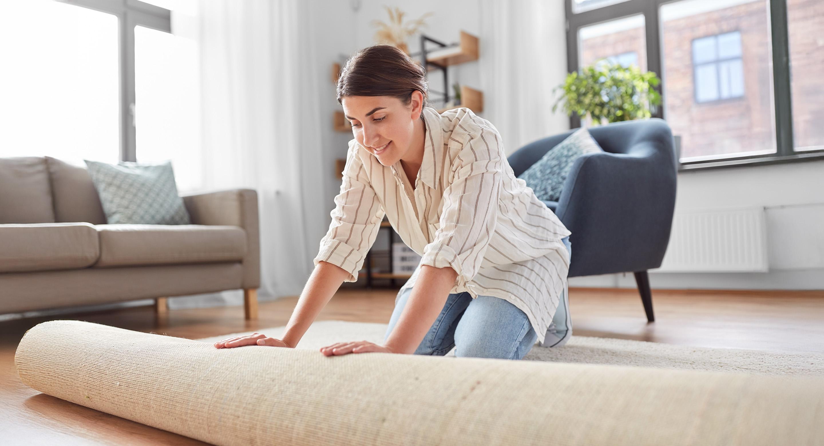 Woman unrolling a large rug on a living room floor with a sofa and armchair in the background.