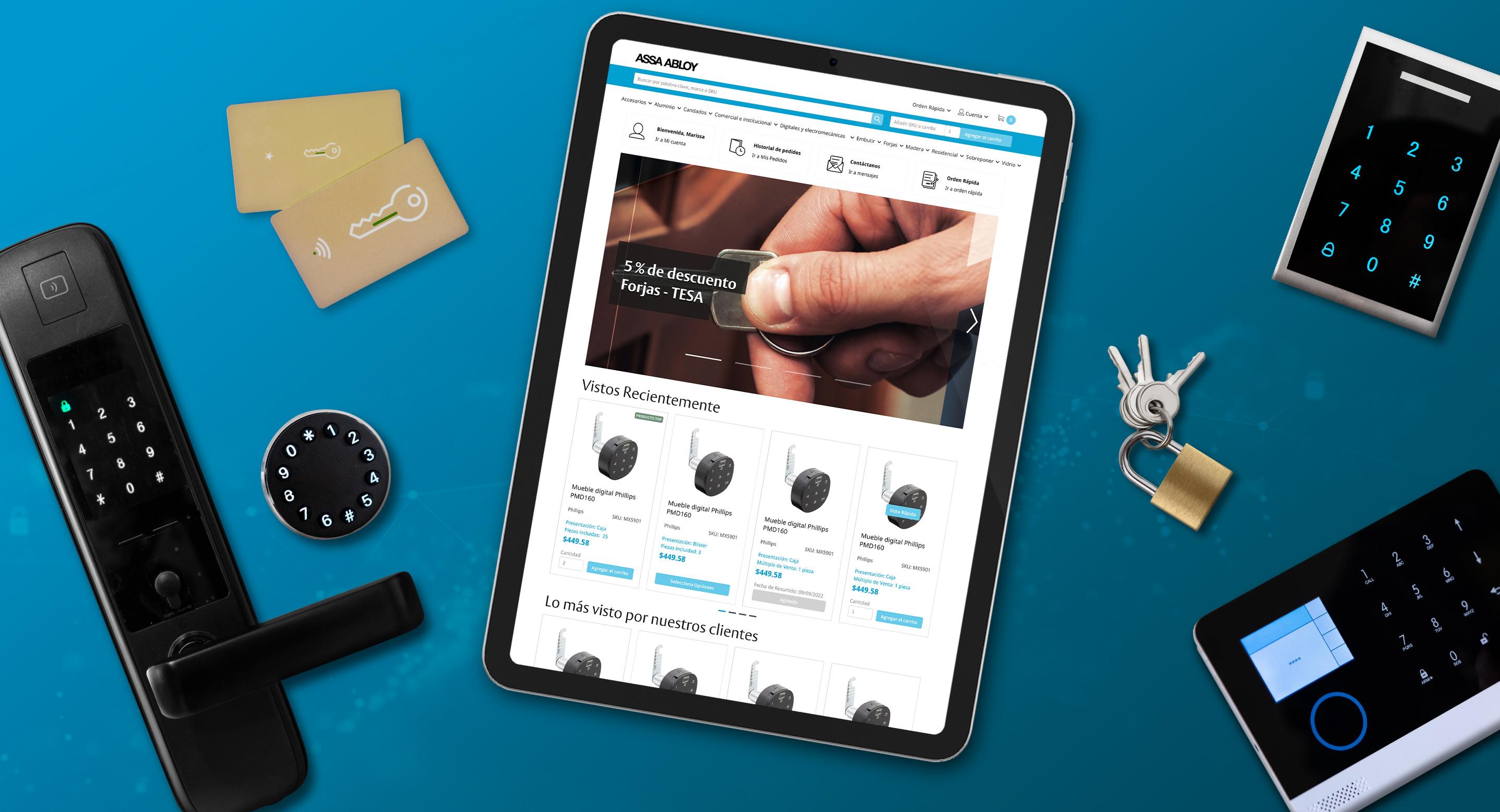 A tablet showing the ASSA ABLOY website with a remote lock device, remote card keys and various other lock and security solutions surrounding it.