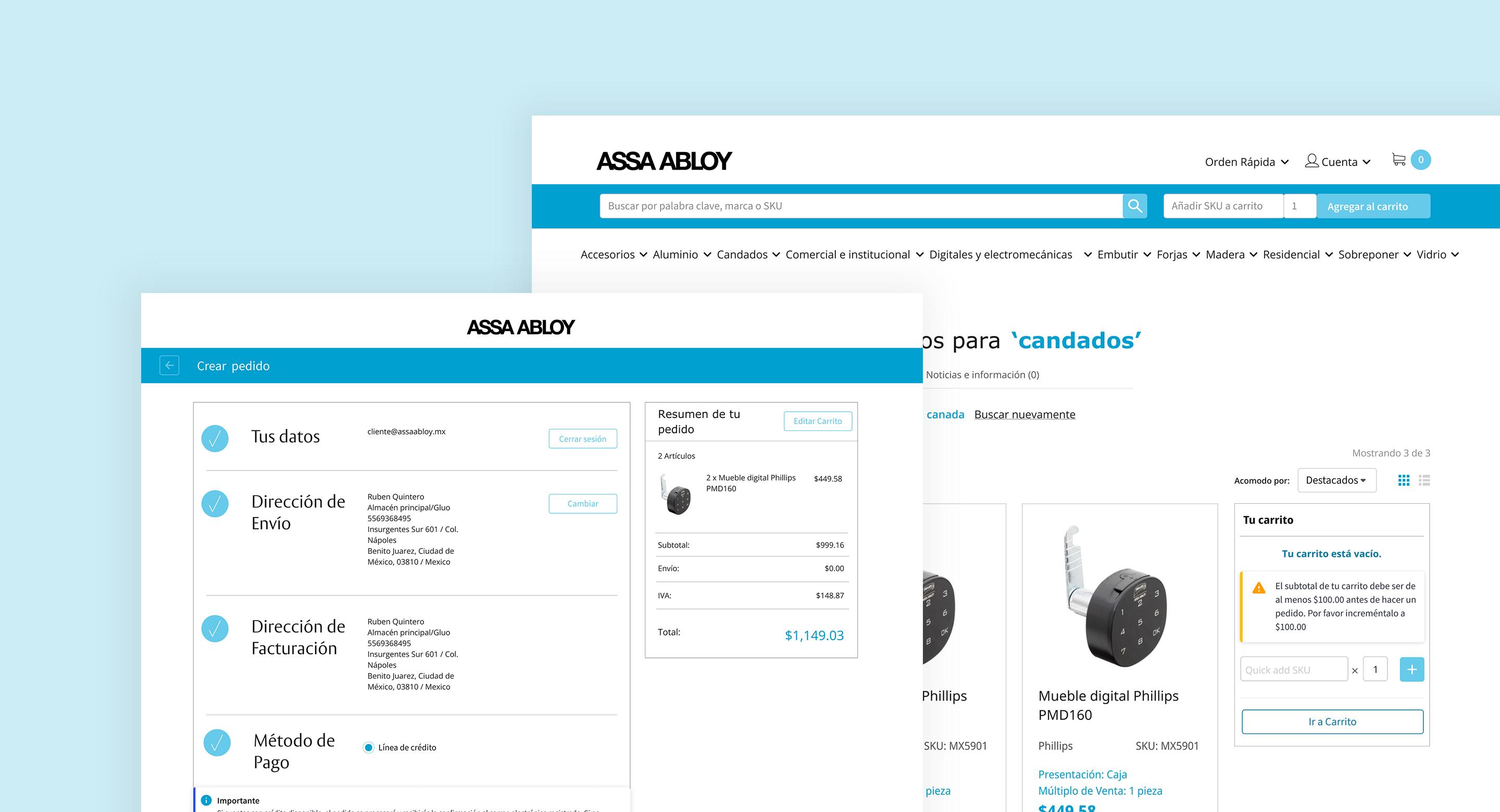 Screenshots of the product landing page and checkout page on the ASSA ABLOY site