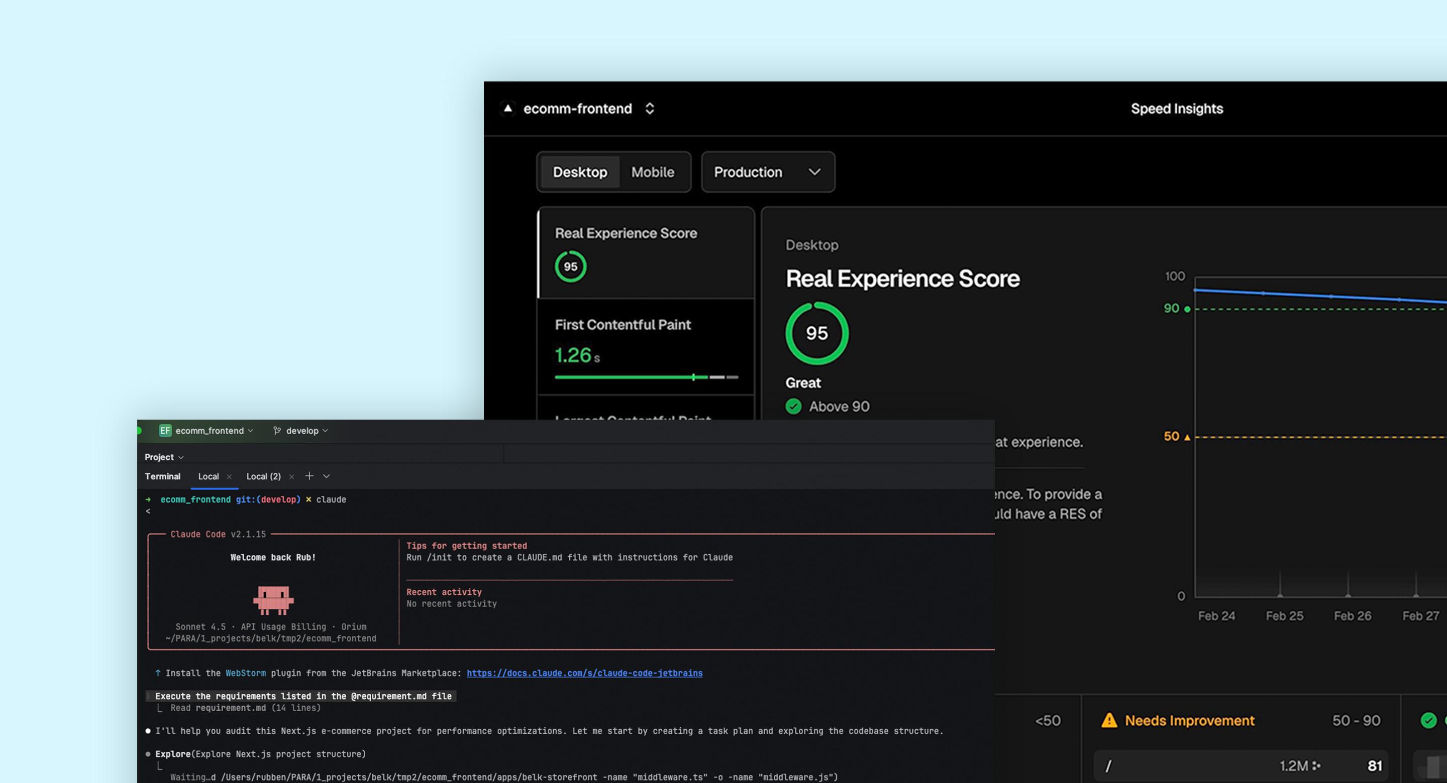 Screenshot of a Speed Insights dashboard showing a Real Experience Score of 95 and a First Contentful Paint of 1.26 seconds, alongside a Claude Code terminal session.