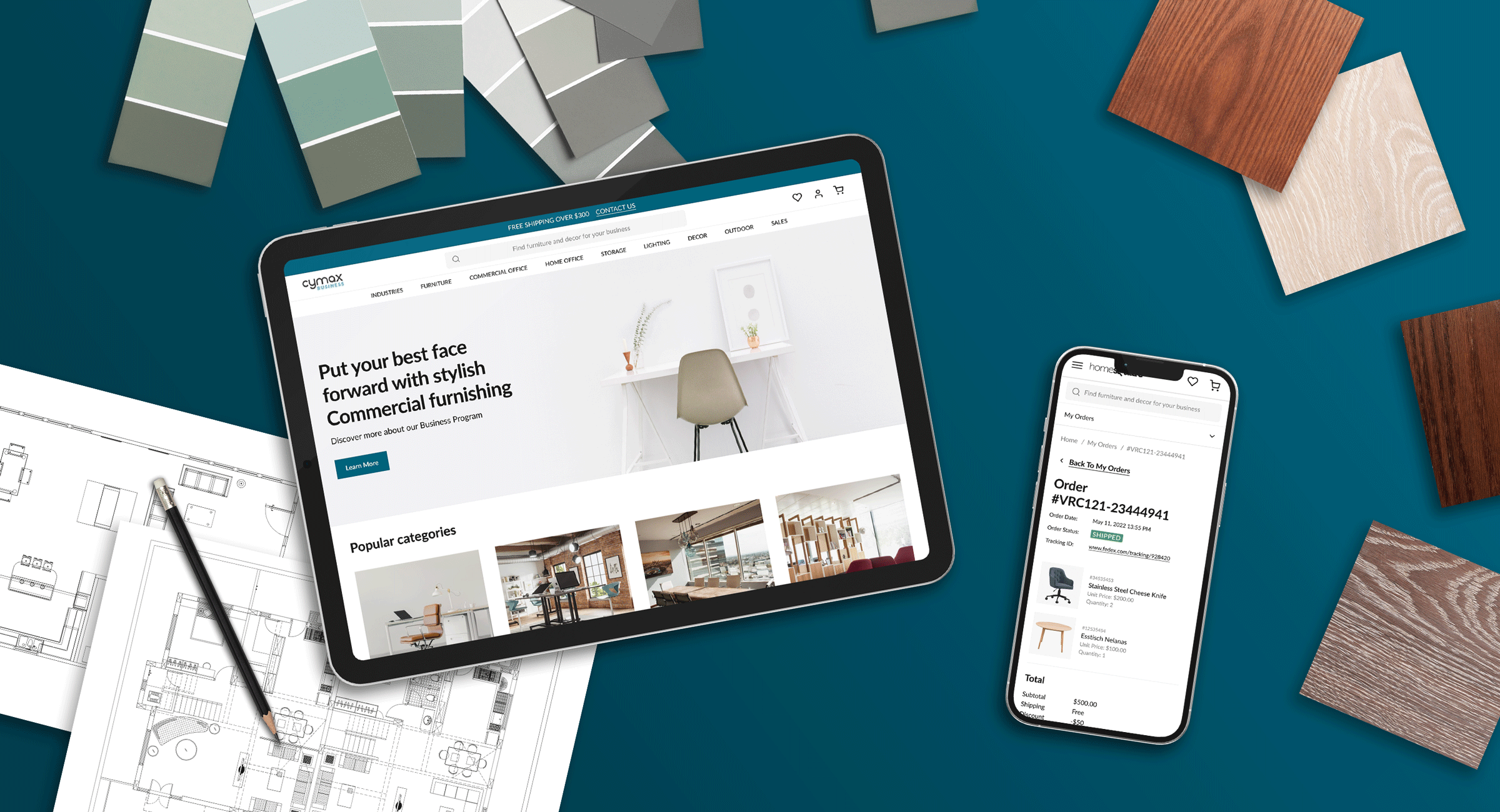 Tablets and phones on a desk displaying the website.