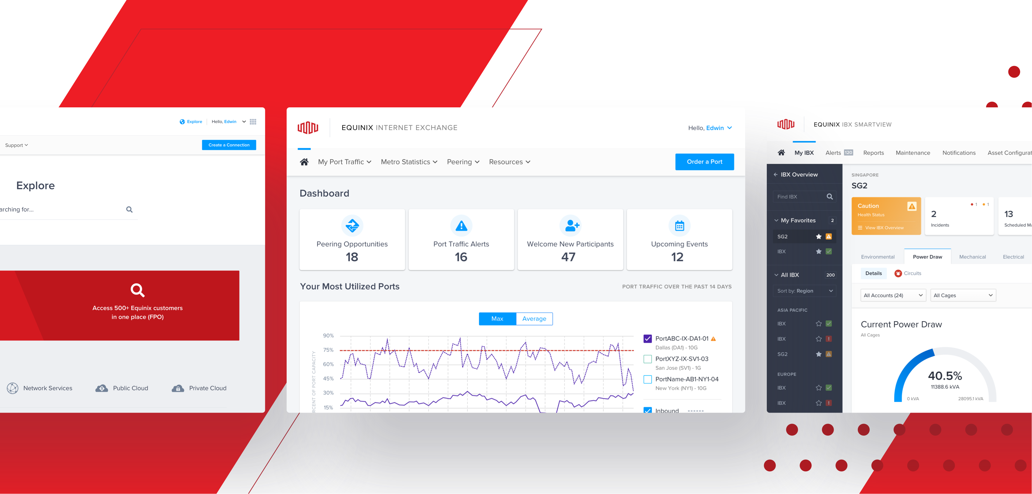 Screenshots of the Equinix portal and the display of data for the Equinix Cloud Exchange Fabric (EXC).