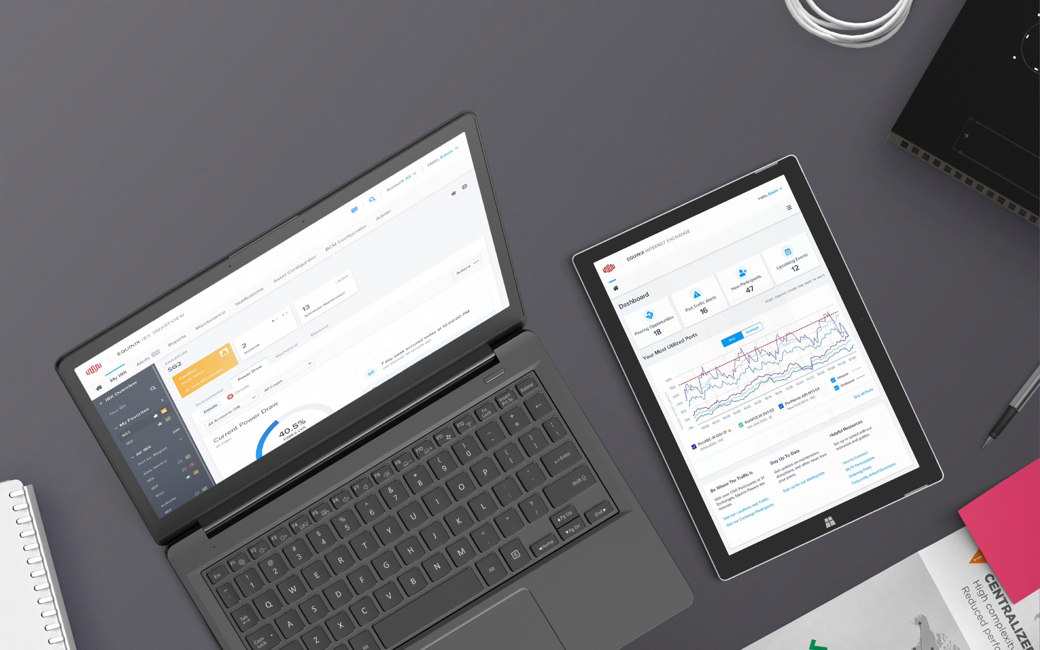 The Equinix website displayed on a laptop and tablet surrounded by notebooks and a pen.