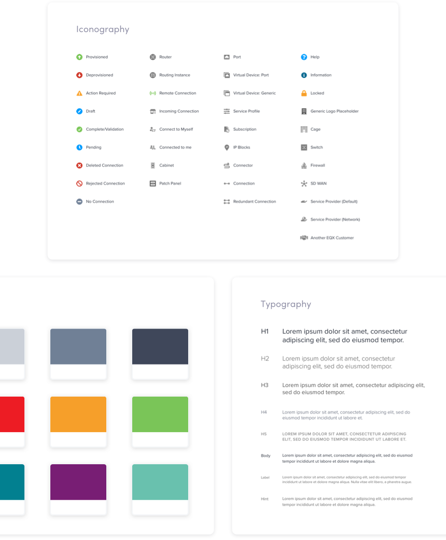 Sample pages from Equinix brand guideline for use of iconography, colors, and fonts.