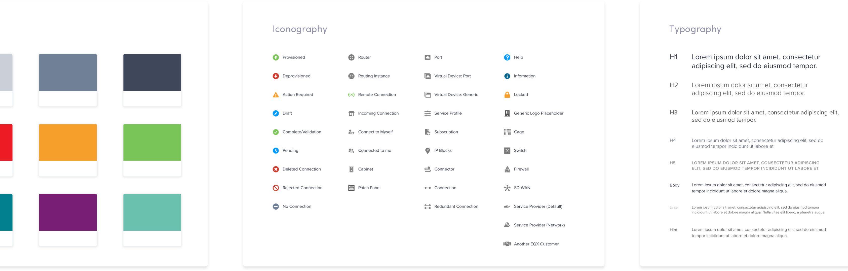 Sample pages from Equinix brand guideline for use of iconography, colors, and fonts.