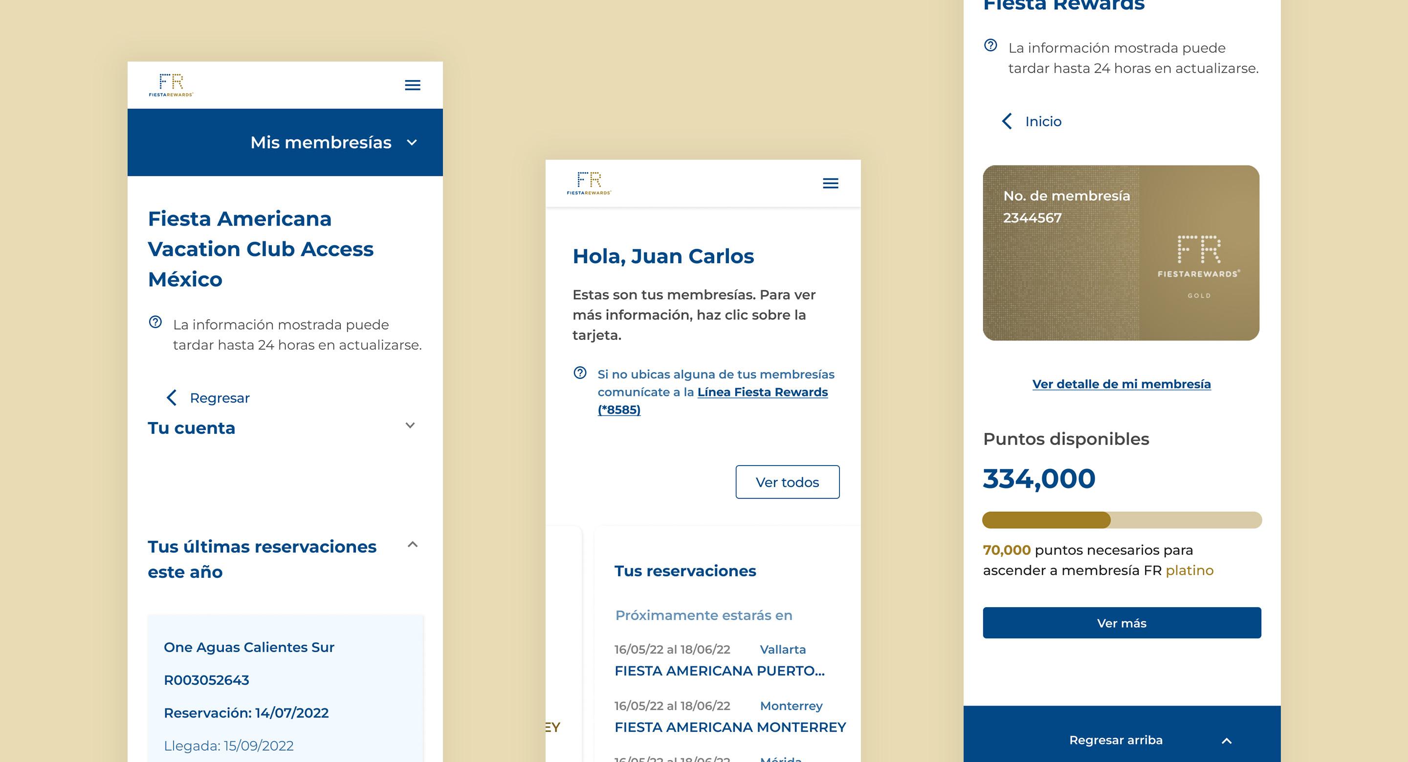 Tres capturas de pantalla lado a lado de la experiencia del programa de fidelidad