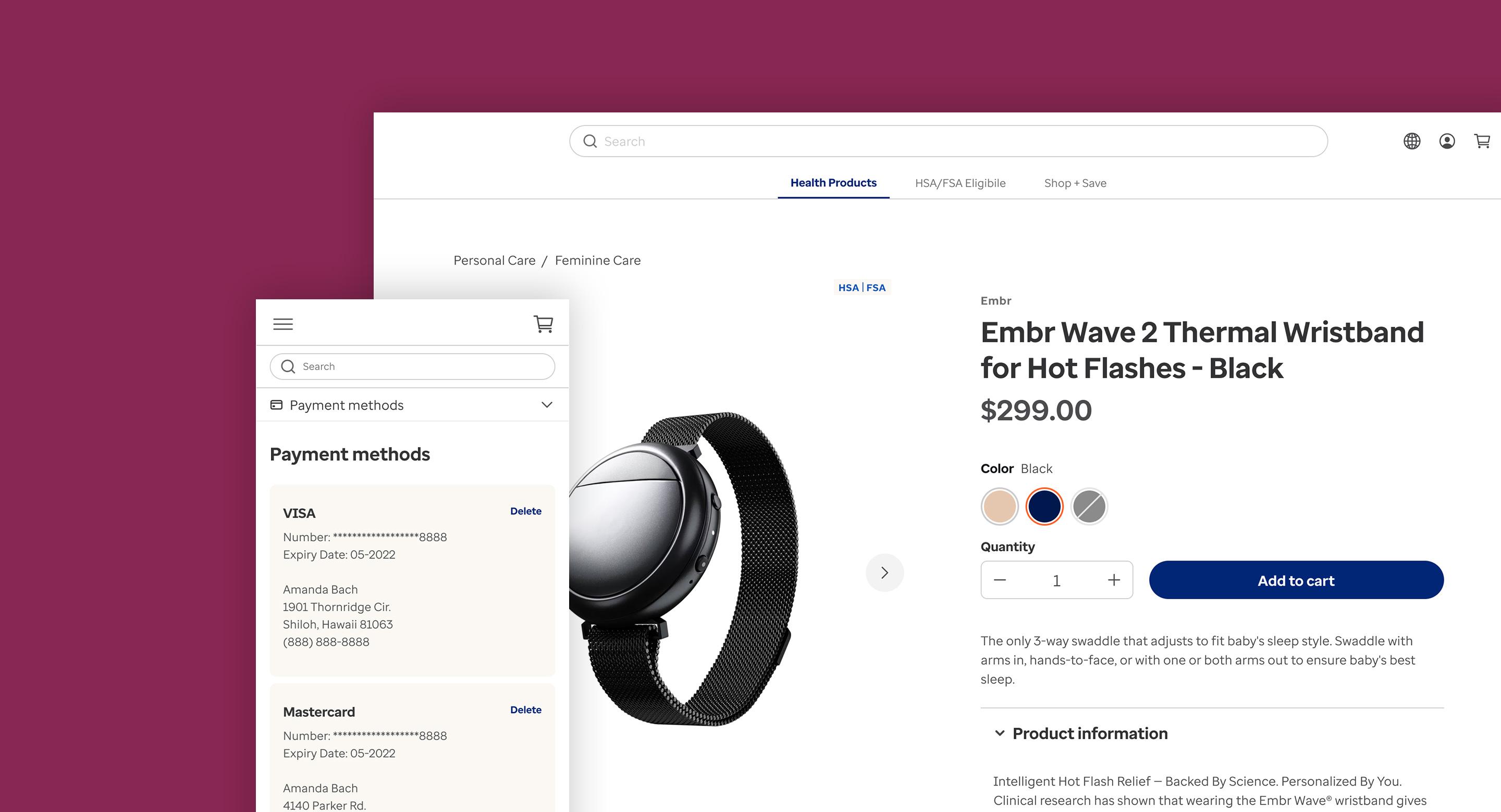 Ecommerce product page showing Embr Wave 2 thermal wristband for hot flashes with payment method options.