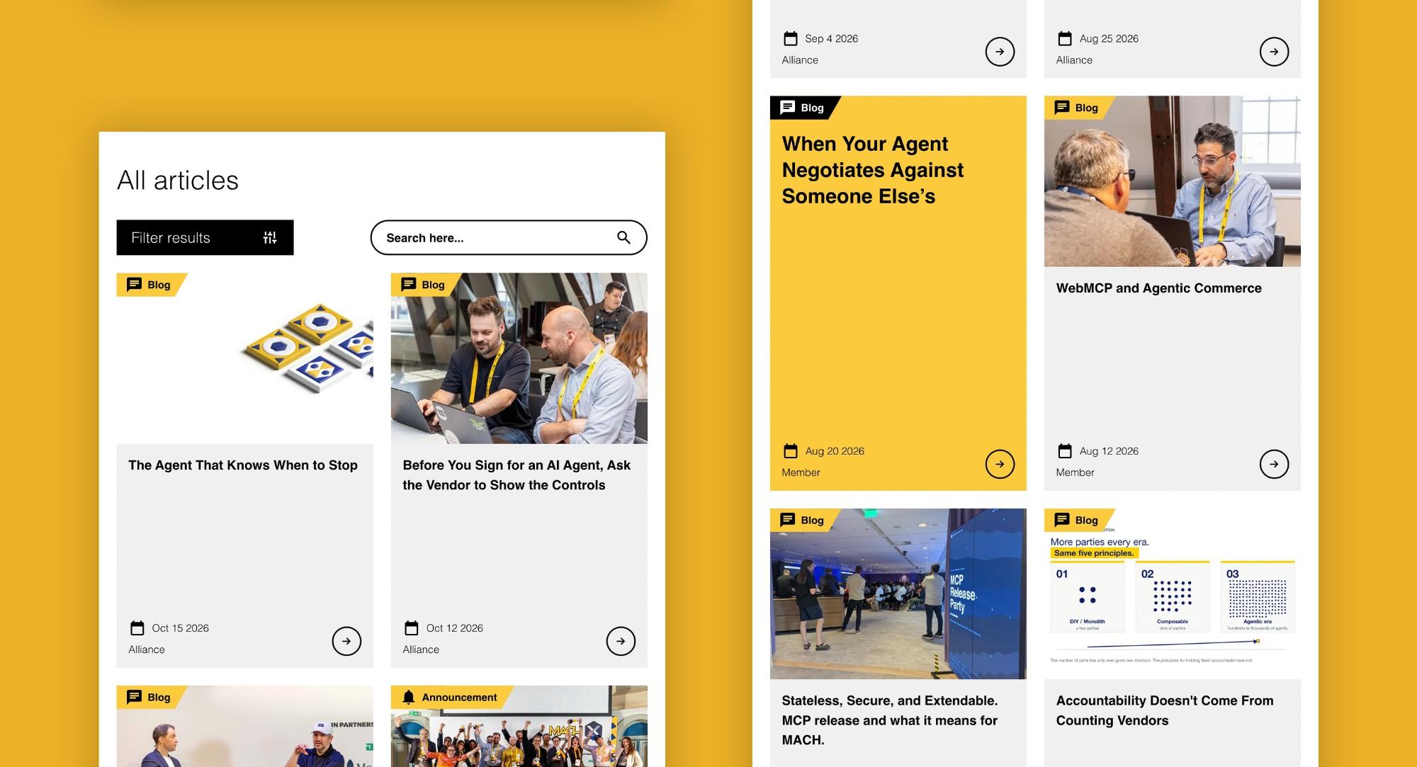 Capturas del Insights Hub de la MACH Alliance sobre un fondo amarillo, con la página «Todos los artículos» y una cuadrícula de publicaciones de blog y anuncios.