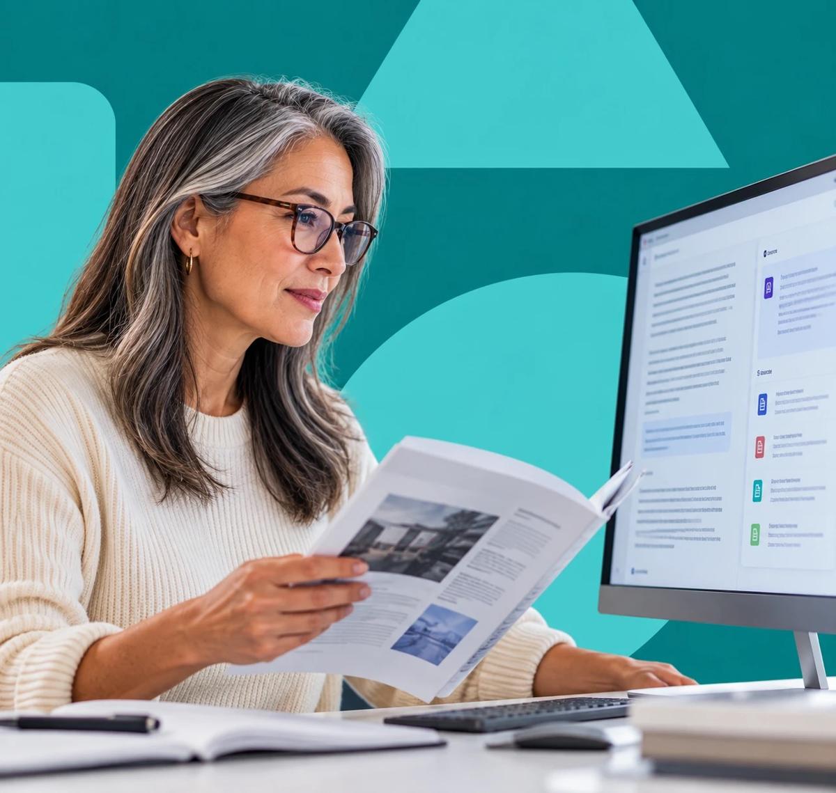 Una mujer comparando un catálogo impreso con una respuesta y sus fuentes citadas en un monitor.