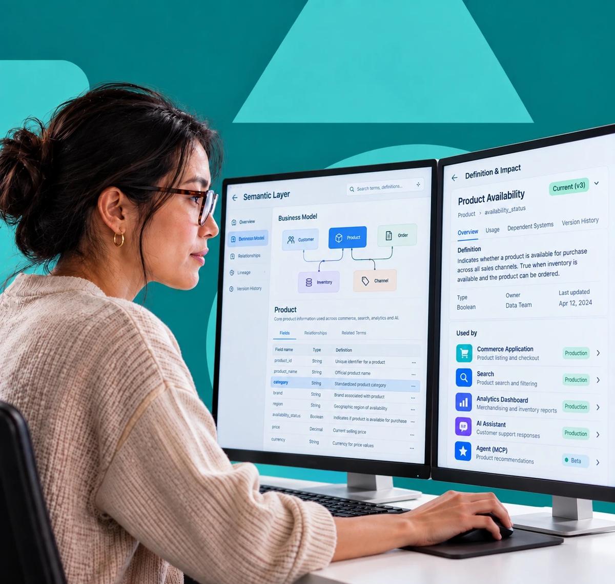 Una mujer revisando en dos monitores un modelo de negocio de capa semántica y el detalle de una definición.