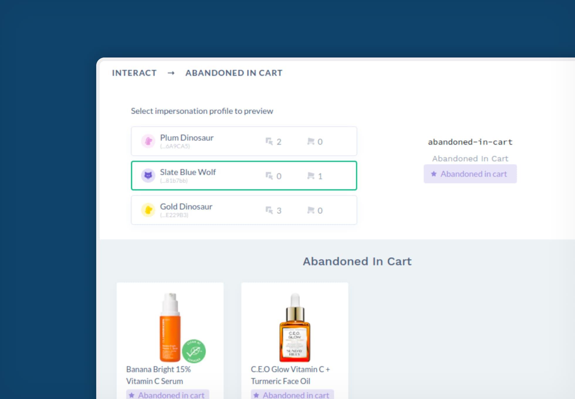 A profile in Constructor that demonstrates the Abandoned in Cart feature.