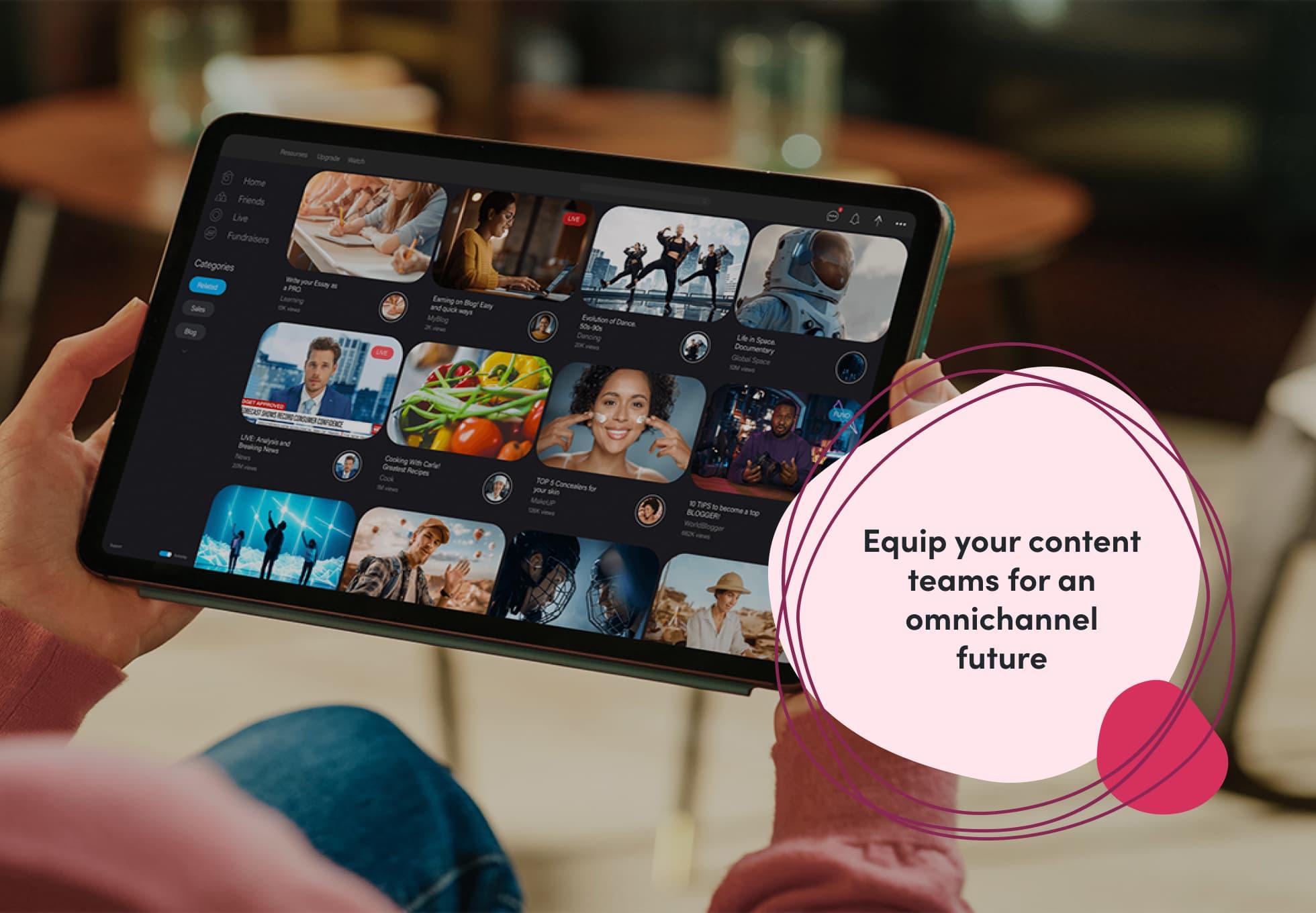 A video libary displayed on an iPad that uses Contentful to organize the content. The imposed text says "Equip your content teams for an omnichannel future."