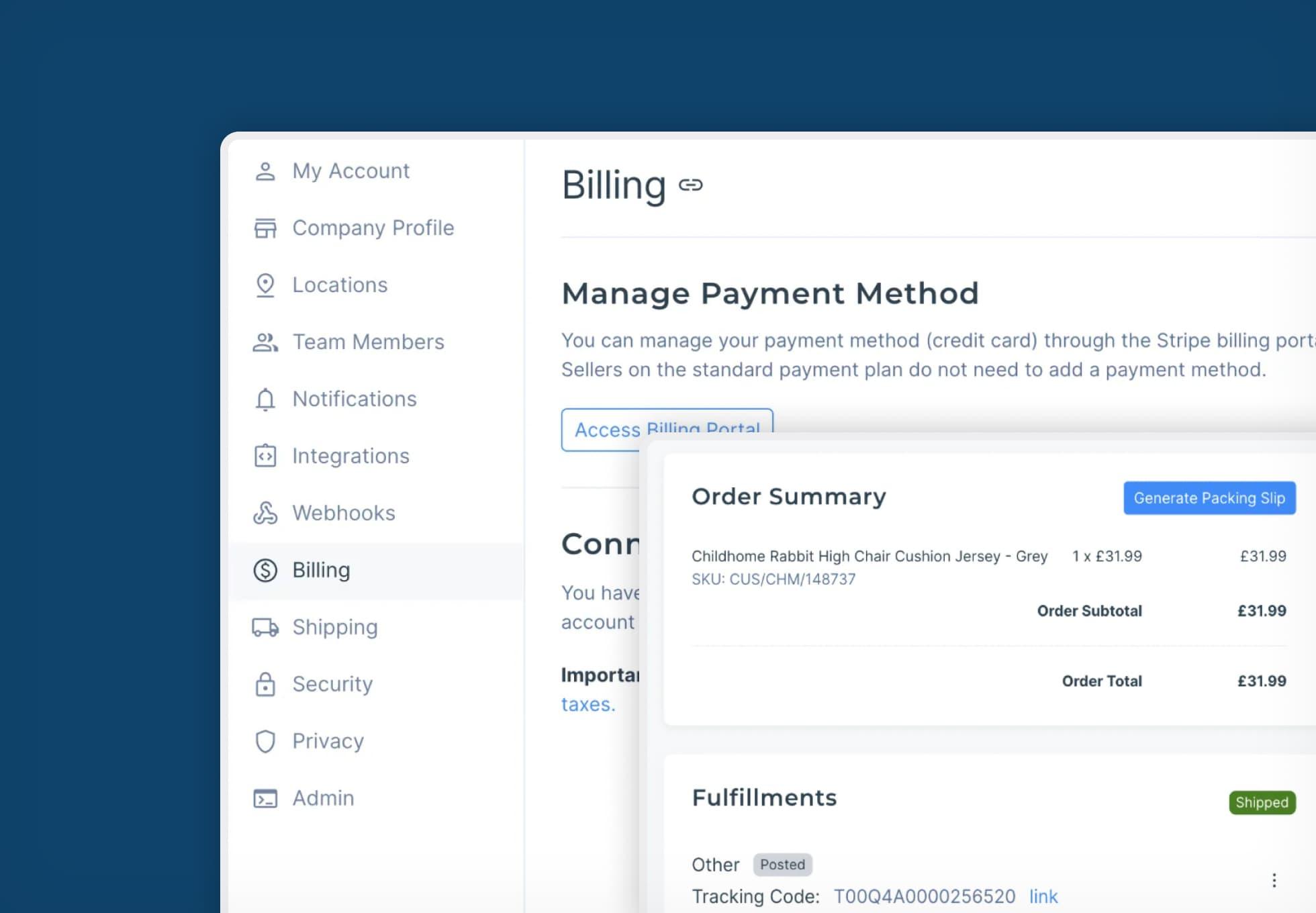 Screenshot of the Convictional billing centre screen with an order summary on display.