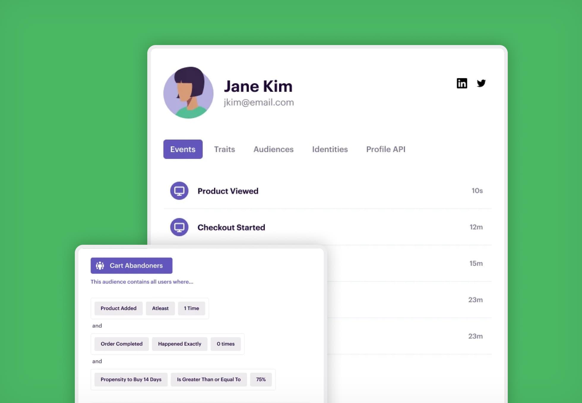 A screenshot of a customer profile and customer events. There’s a second screenshot of an audience segment for abandoned carts.