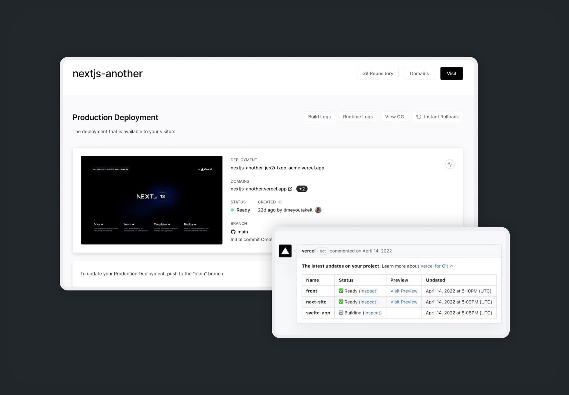 Screenshot of Vercel’s next.js production deployment display, and a screenshot showing when updates were last deployed.