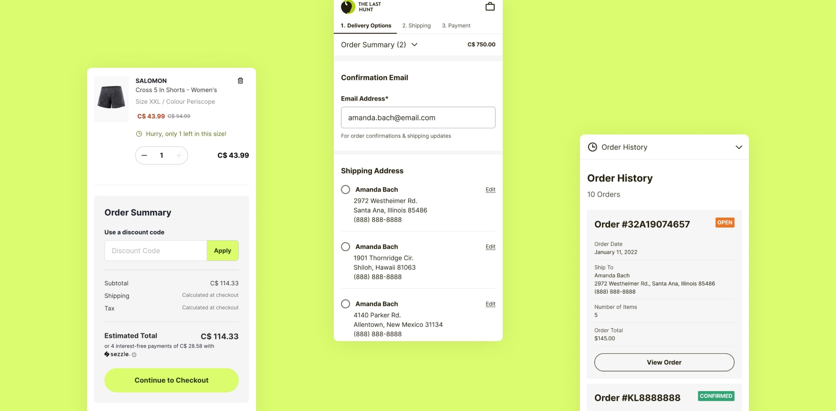 Screenshots of TheLastHunt's ordering journey showing the order summary, the checkout process, and the customer's order history.