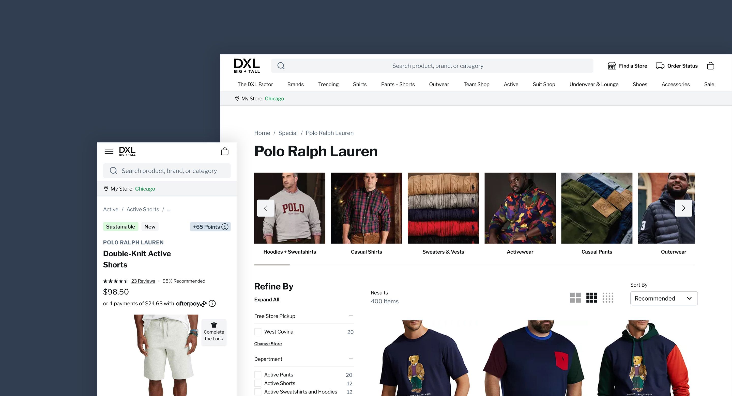 A website page displays Polo Ralph Lauren clothing items on a desktop and mobile screen layout.