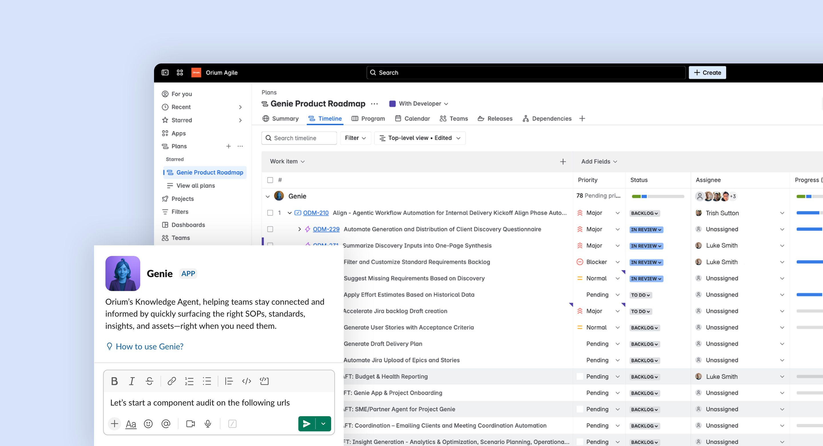 Screenshot of a product roadmap interface next to a Genie app message window used for coordinating project tasks.