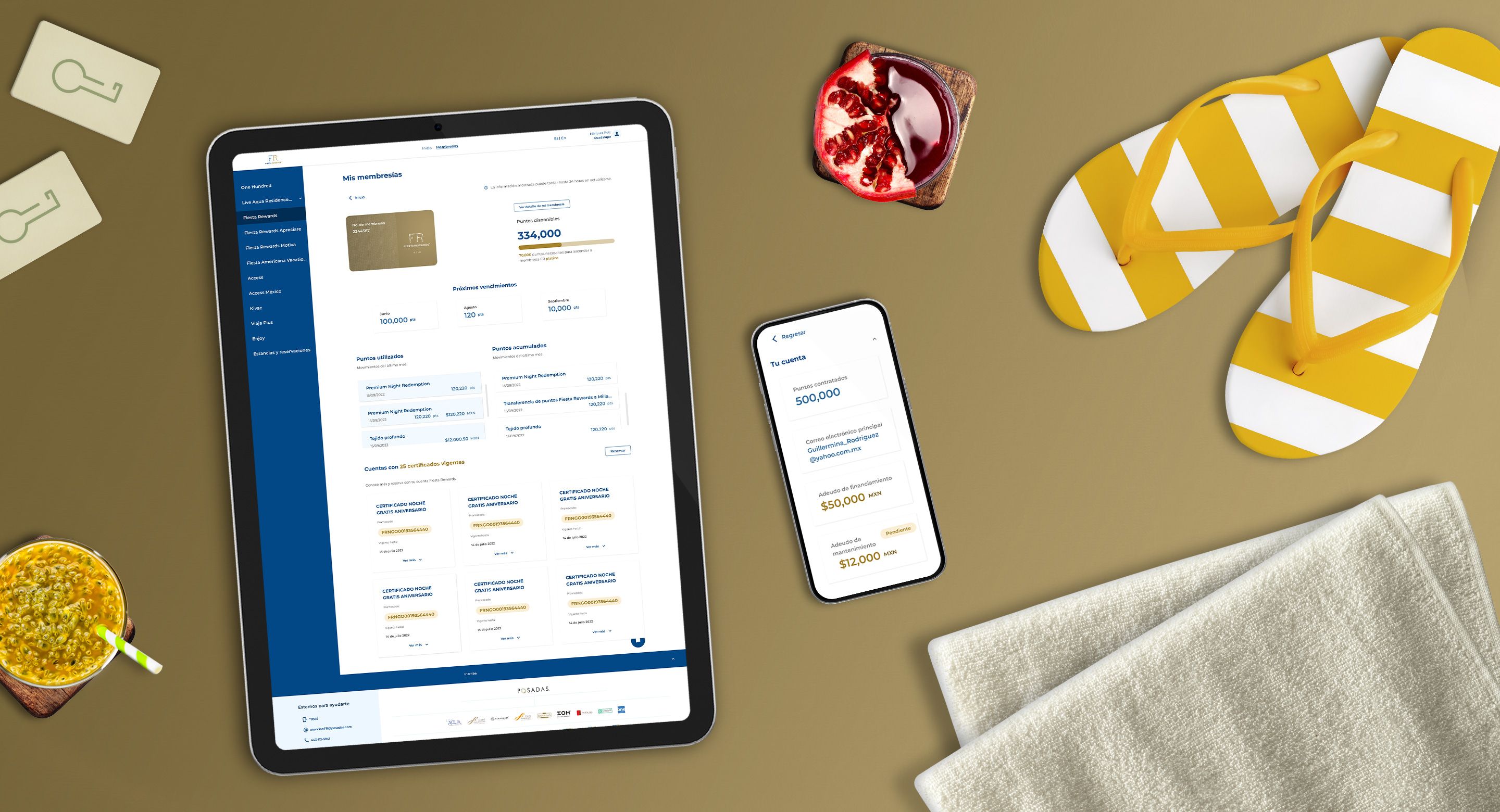 A tablet and a smartphone showing the unified loyalty experience for Grupo Posadas with various travel and vacation personal items accompanying them, including a passionfruit drink, flip flops and a towel.