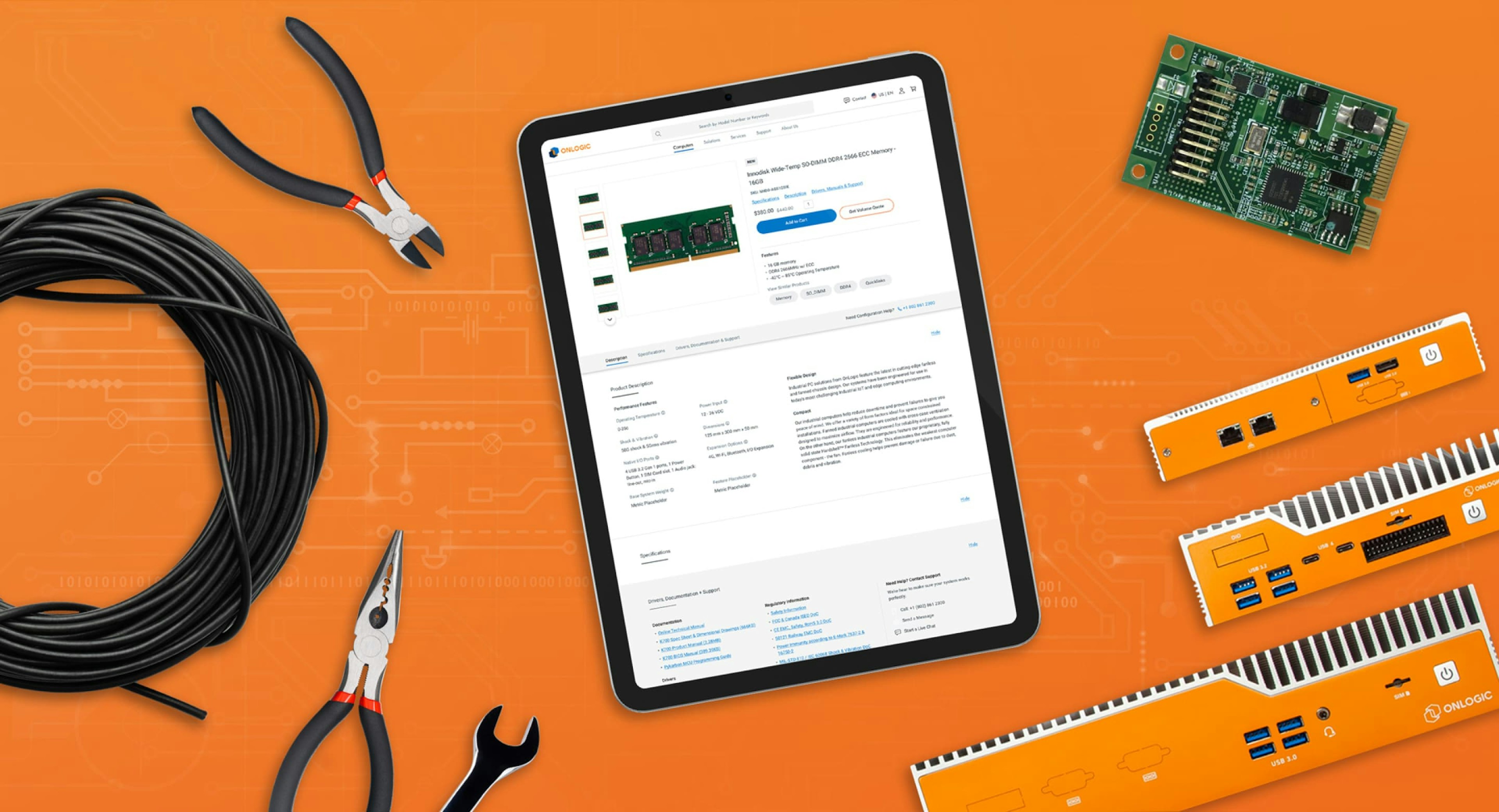 A flatlay featuring an orange background and an iPad showing a page on screen from the OnLogic website. Surrounding the iPad are computer parts, hand tools, a wire, and a computer chip.