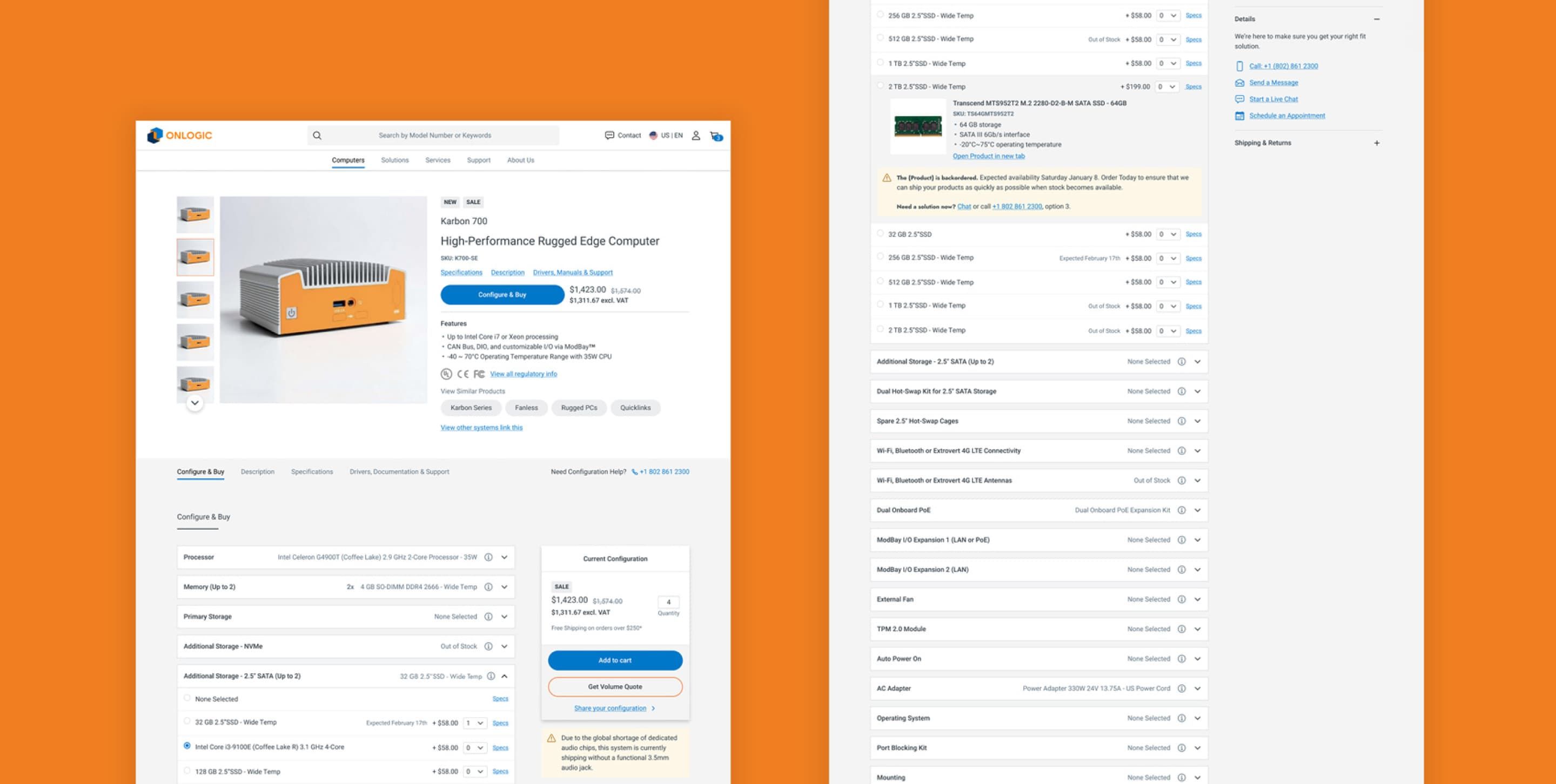 Screenshots of the OnLogic website. Both screenshots show computer configuration options presented to the customer as they view the product.