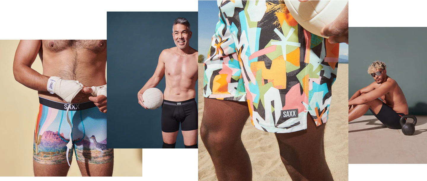 A collage of photos of men wearing SAXX undergarments and bathing suits in a variety of active settings.