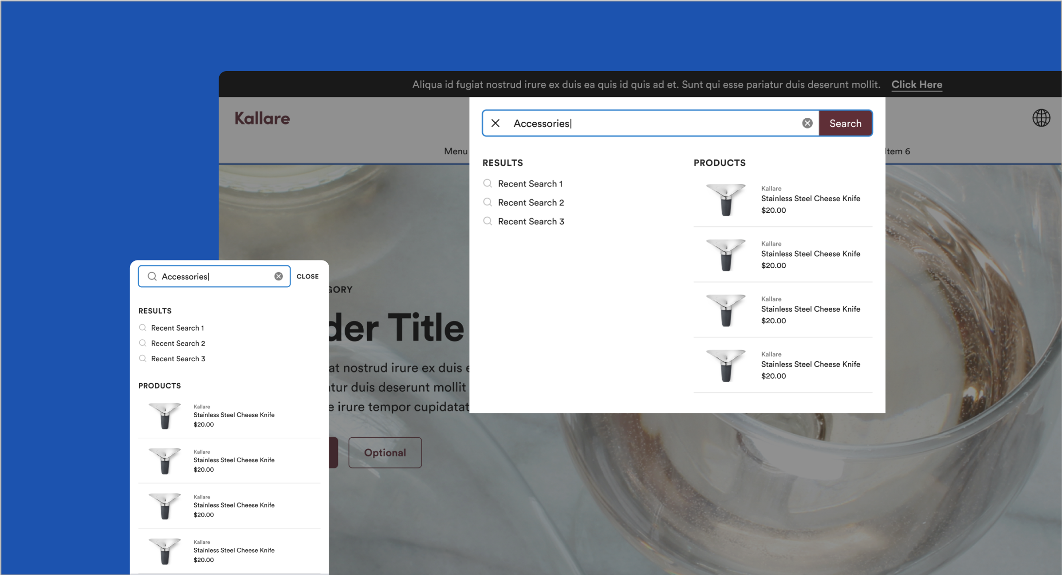 Screenshots of Kallare website using the DTC Accelerator for Elastic Path and product experience manager. The search bar is showing product results for a query.