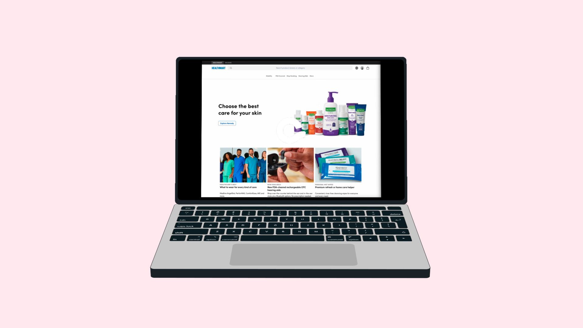 A laptop on a pink background displays a healthcare website featuring clinical skincare products and health-related articles.