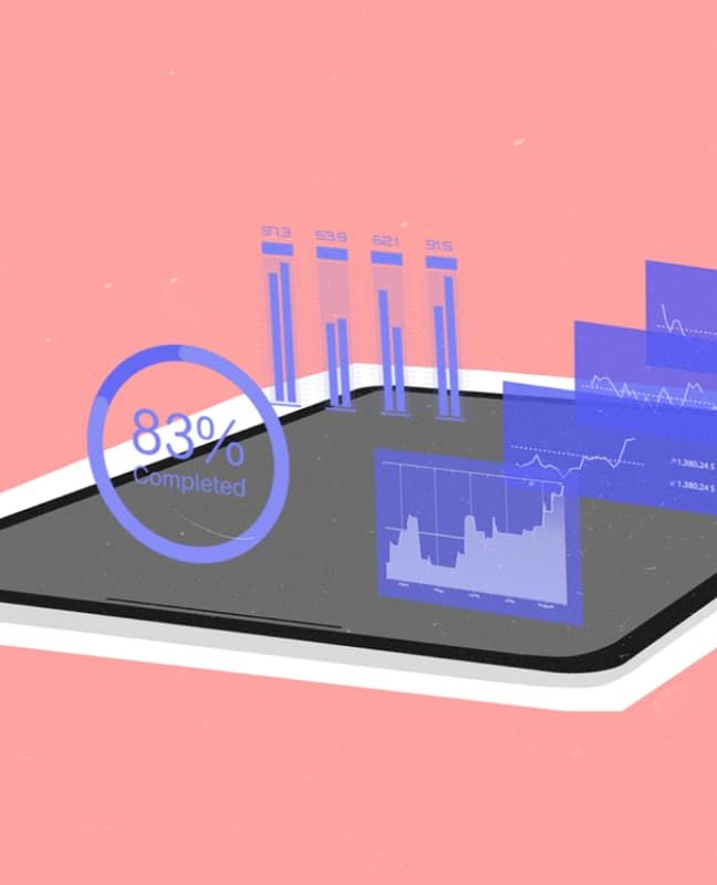 Graphic of pie charts, line graphs, and bar graphs overtop of a tablet or iPad.