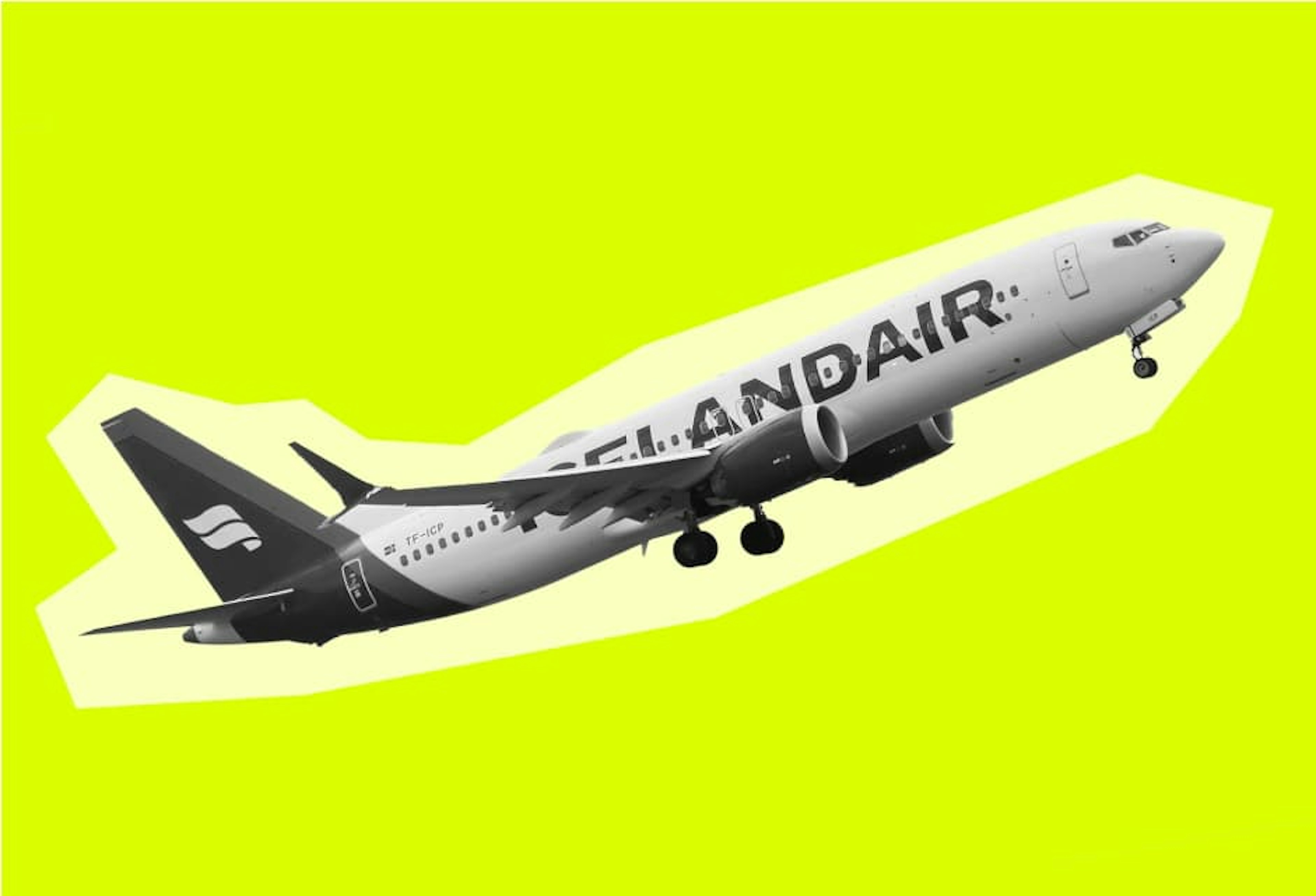 A clipped image of an Icelandair plane taking off on a lime green background.