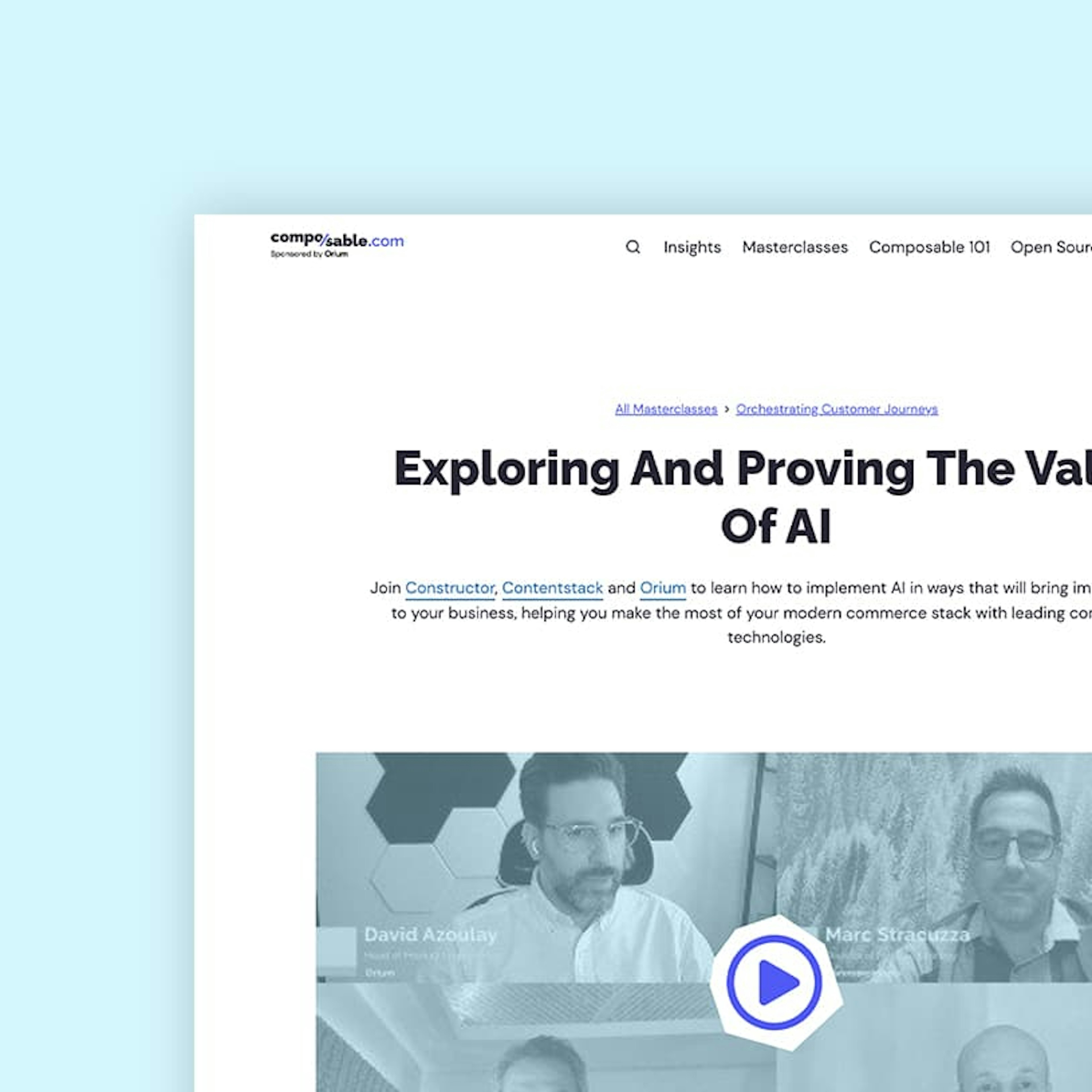 A landing page preview for the Composable.com masterclass titled "Exploring and Proving the Value of AI".