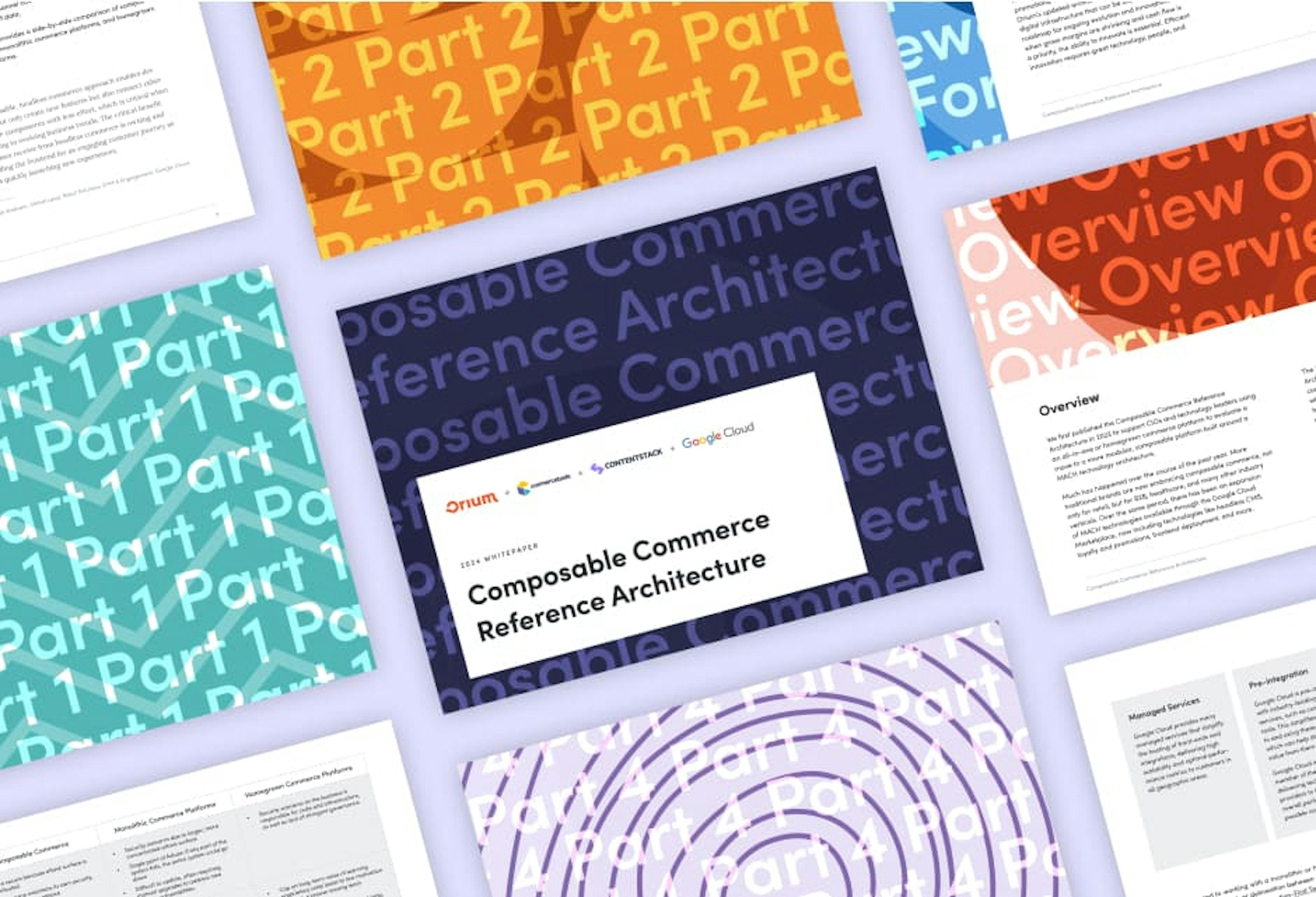 Multiple pages from the Composable Commerce Reference Architecture whitepaper, on a light purple background arranged in a diagonal tiled pattern.