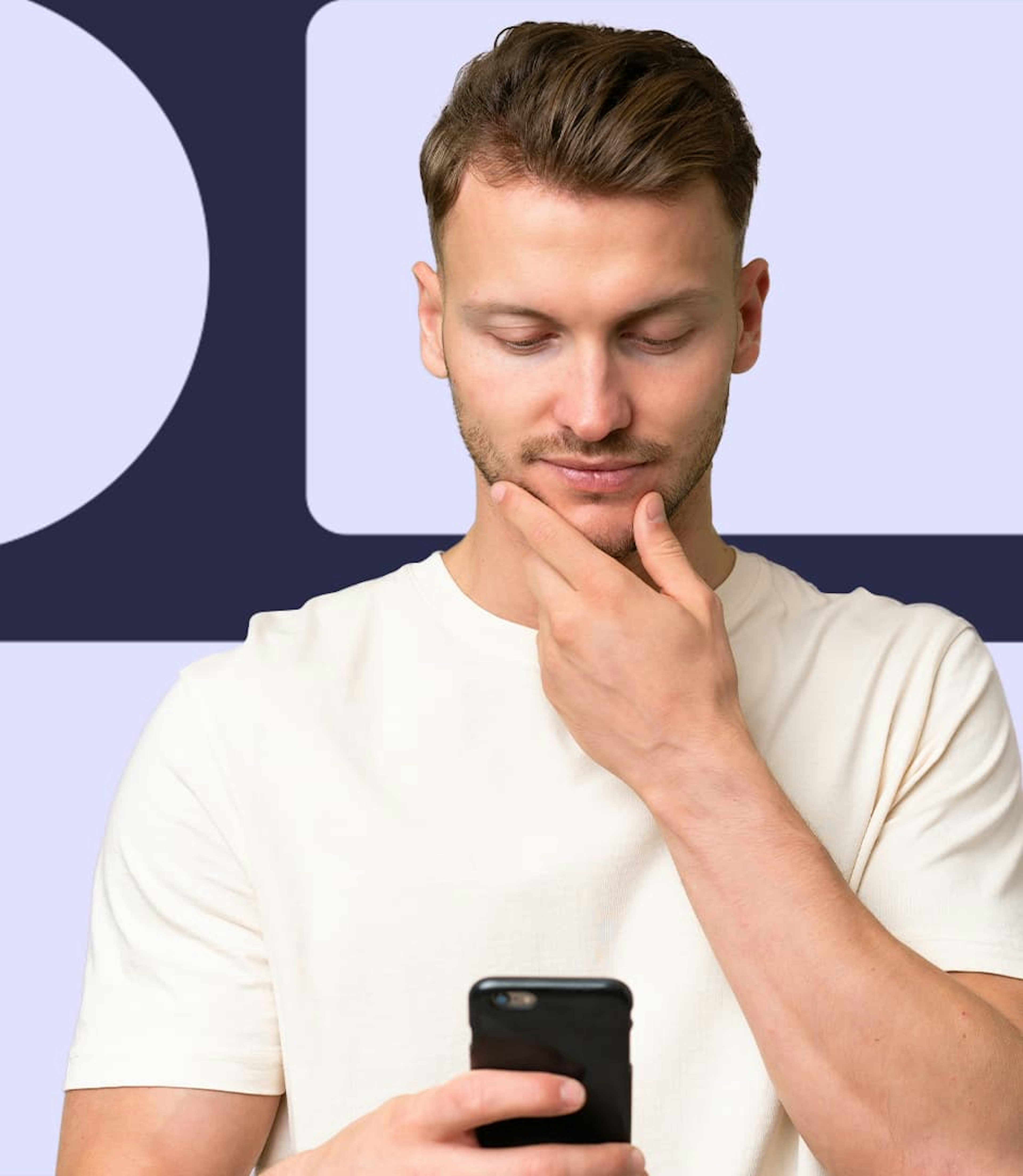 A man is has one hand resting on his chin in deep thought, as he holds a cellphone in the other hand.