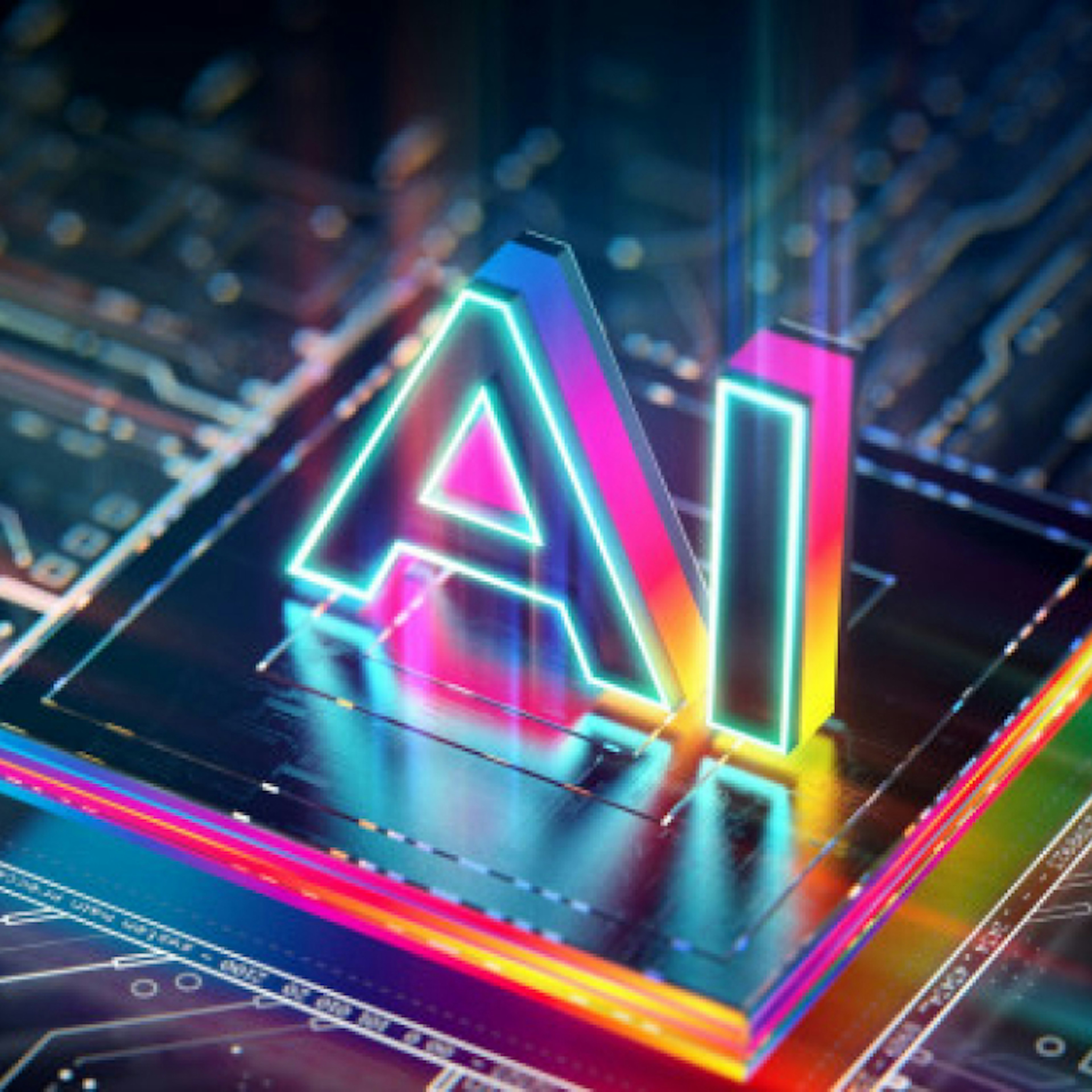 The abbreviation AI is on top of a close up of a computer chip. The chip and AI have a rainbow neon shadow.