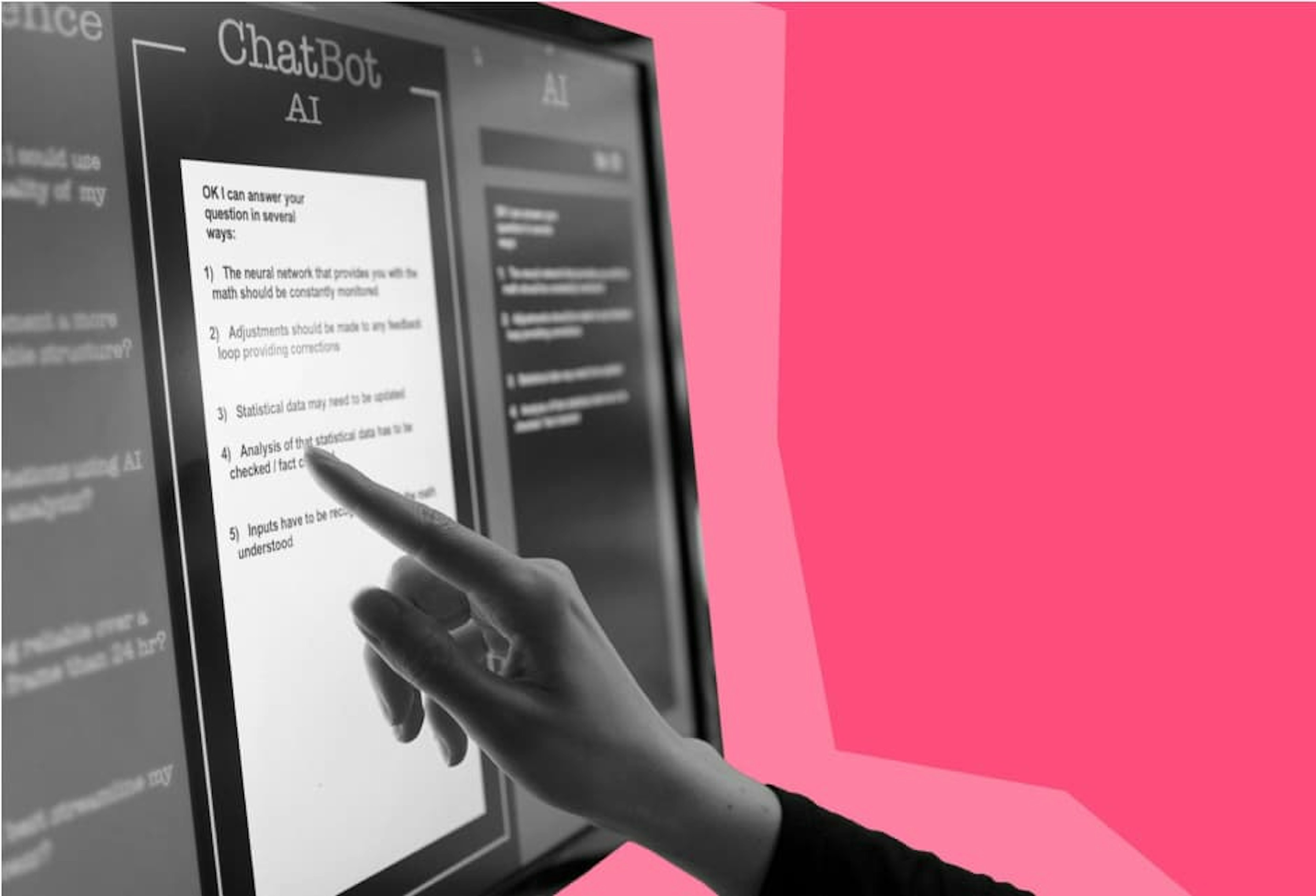 A monitor showing a ChatBot AI prompt screen with a hand pointing to the words.