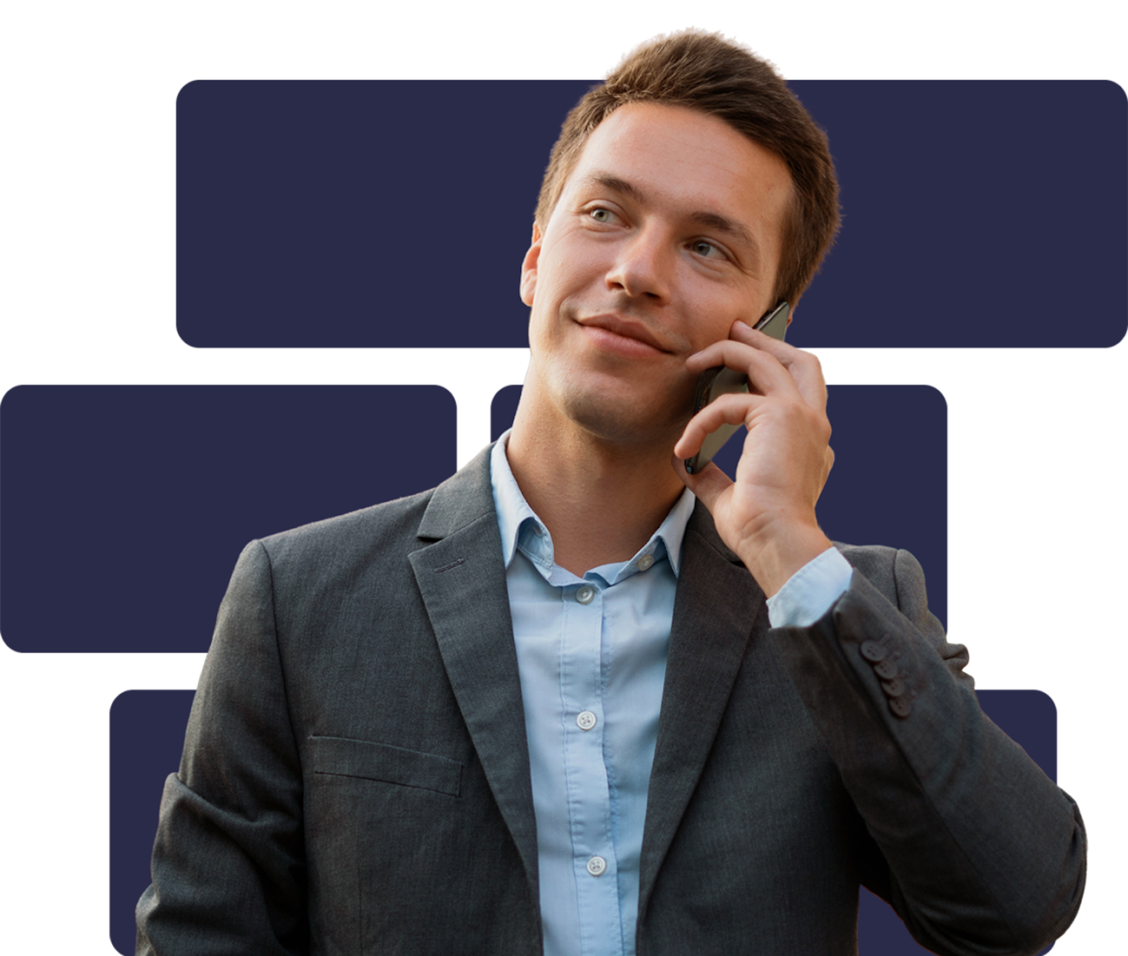 A man wearing a grey suit and blue shirt is on a phone call, looking thoughtfully to the side. The background behind him is dark purple rectangles on a lighter purple.