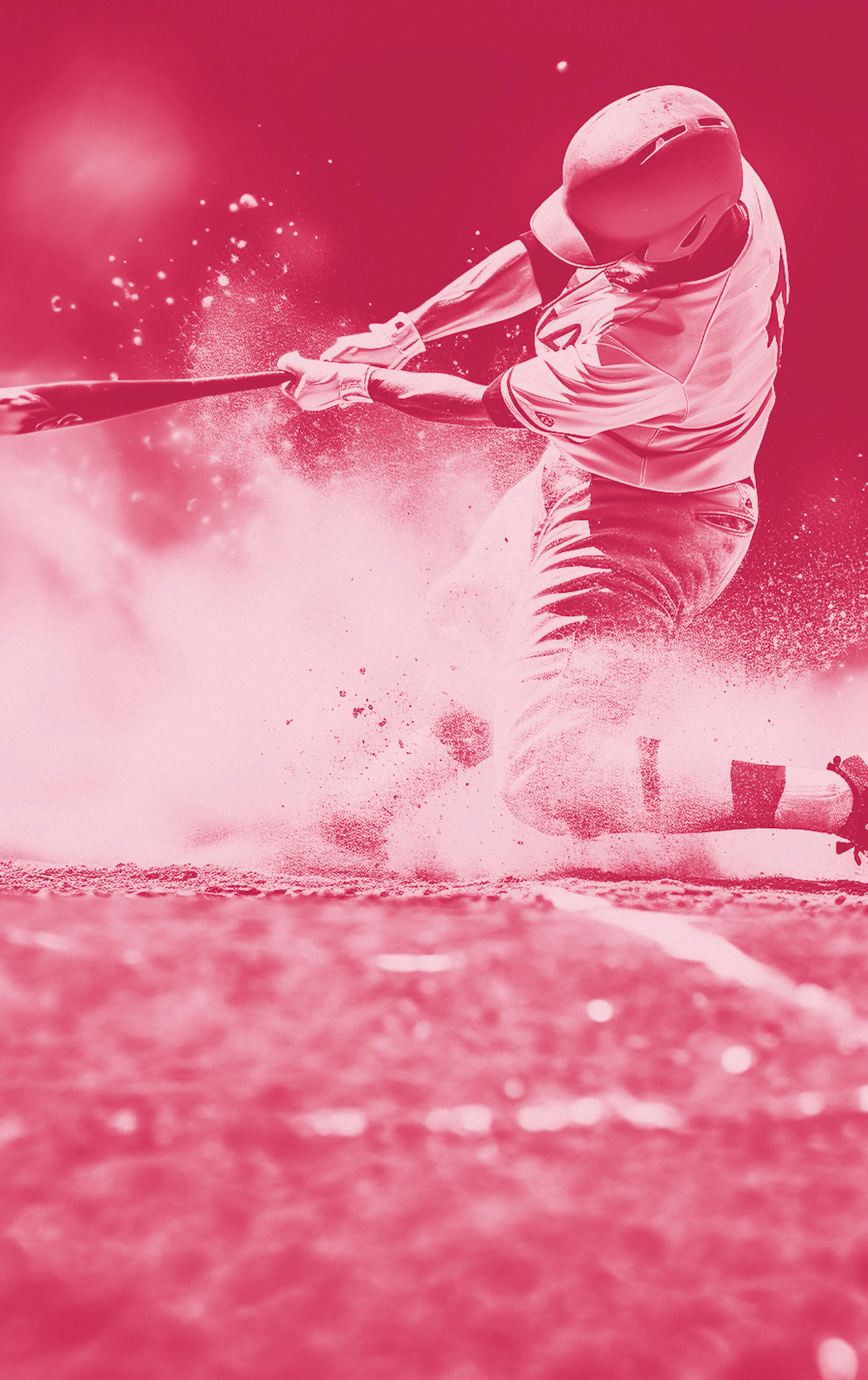 A baseball player swings at a pitch in a pink-hued photograph