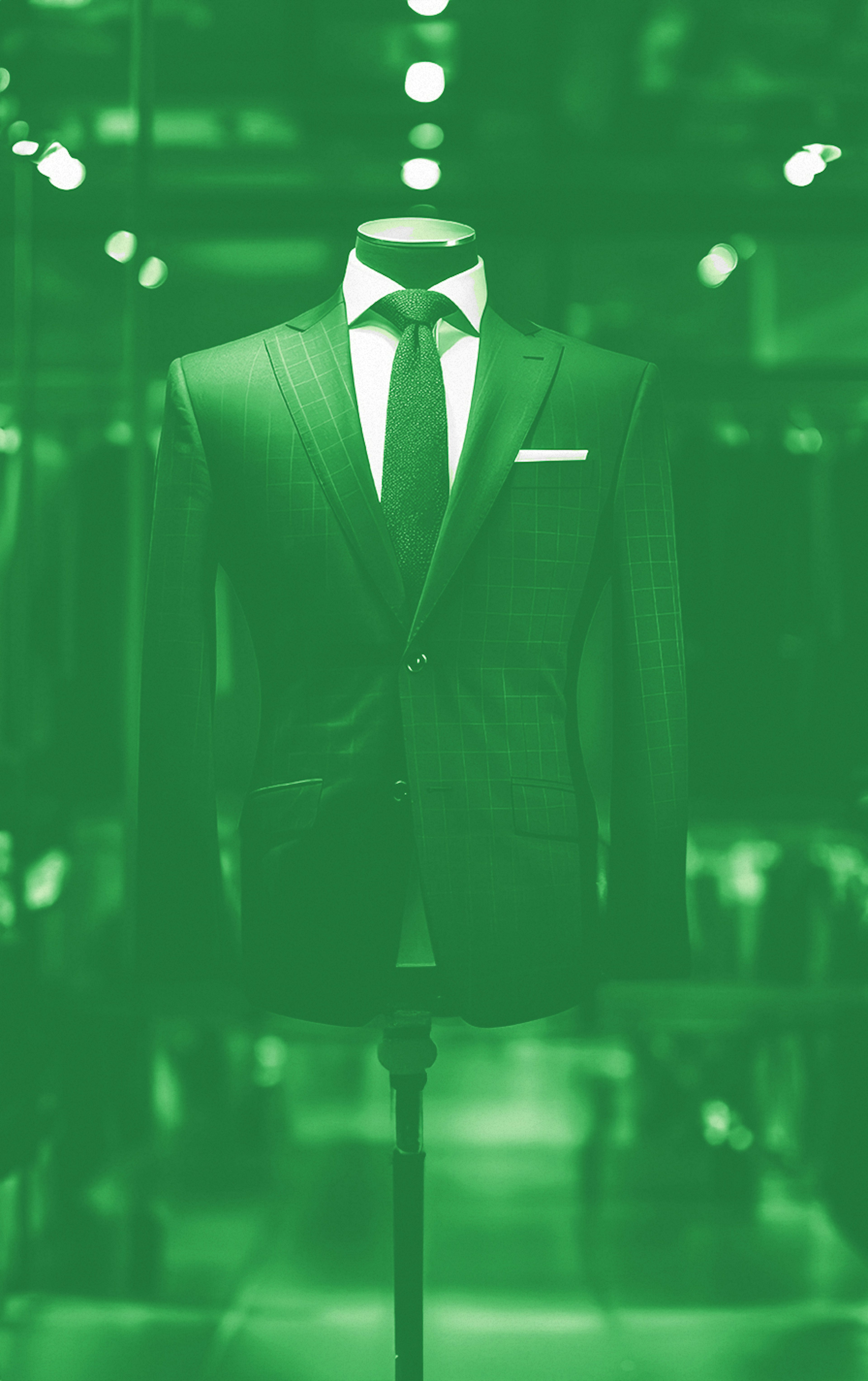 A men's suit jacket, shirt, and tie on a display mannequin in a shop window with a green-hued overlay.