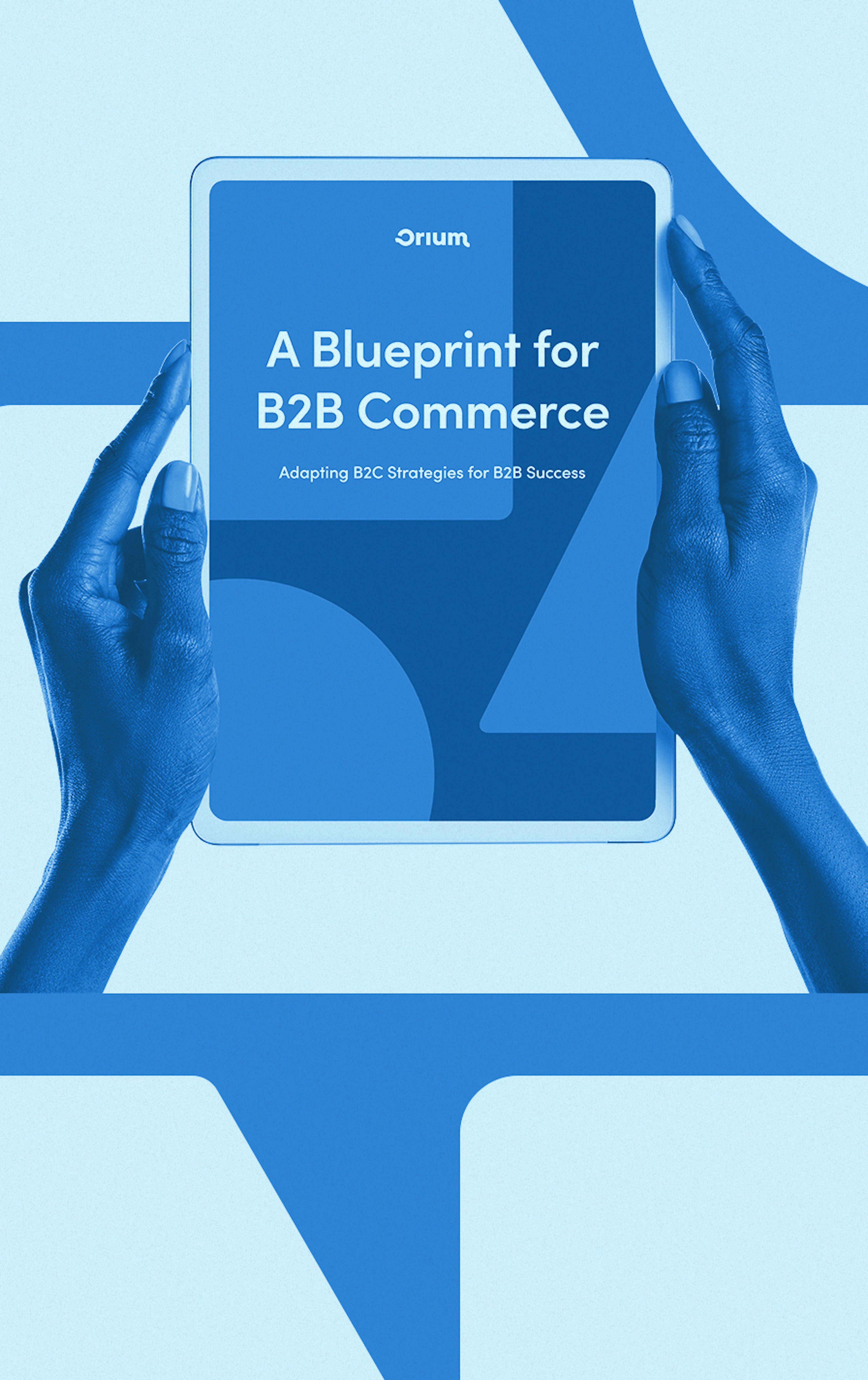 A patterned blue background with the cover of the B2B commerce report being held by two hands in the foreground