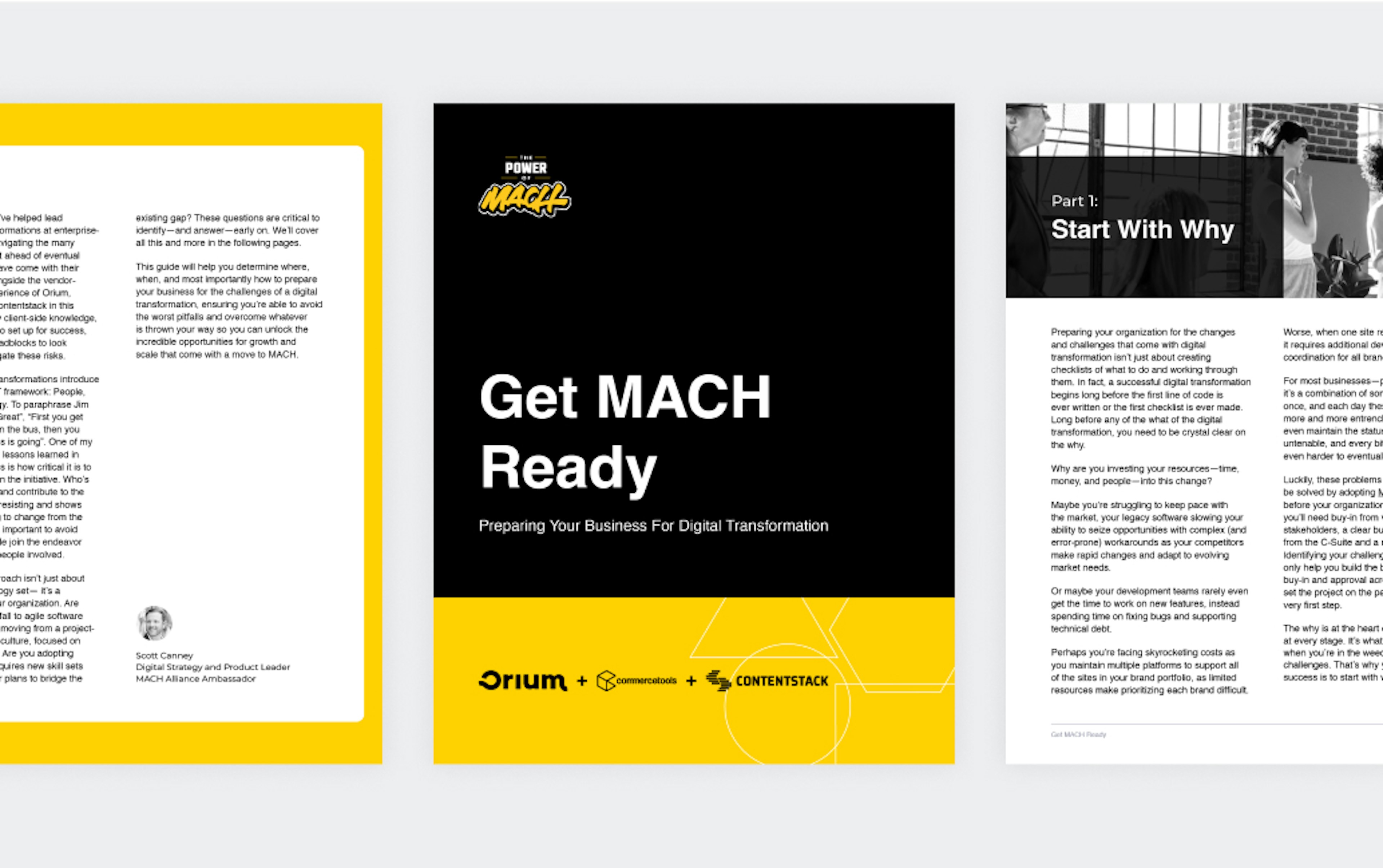 The cover for the 'Get MACH Ready' report, centred between two interior pages from the report on either side.
