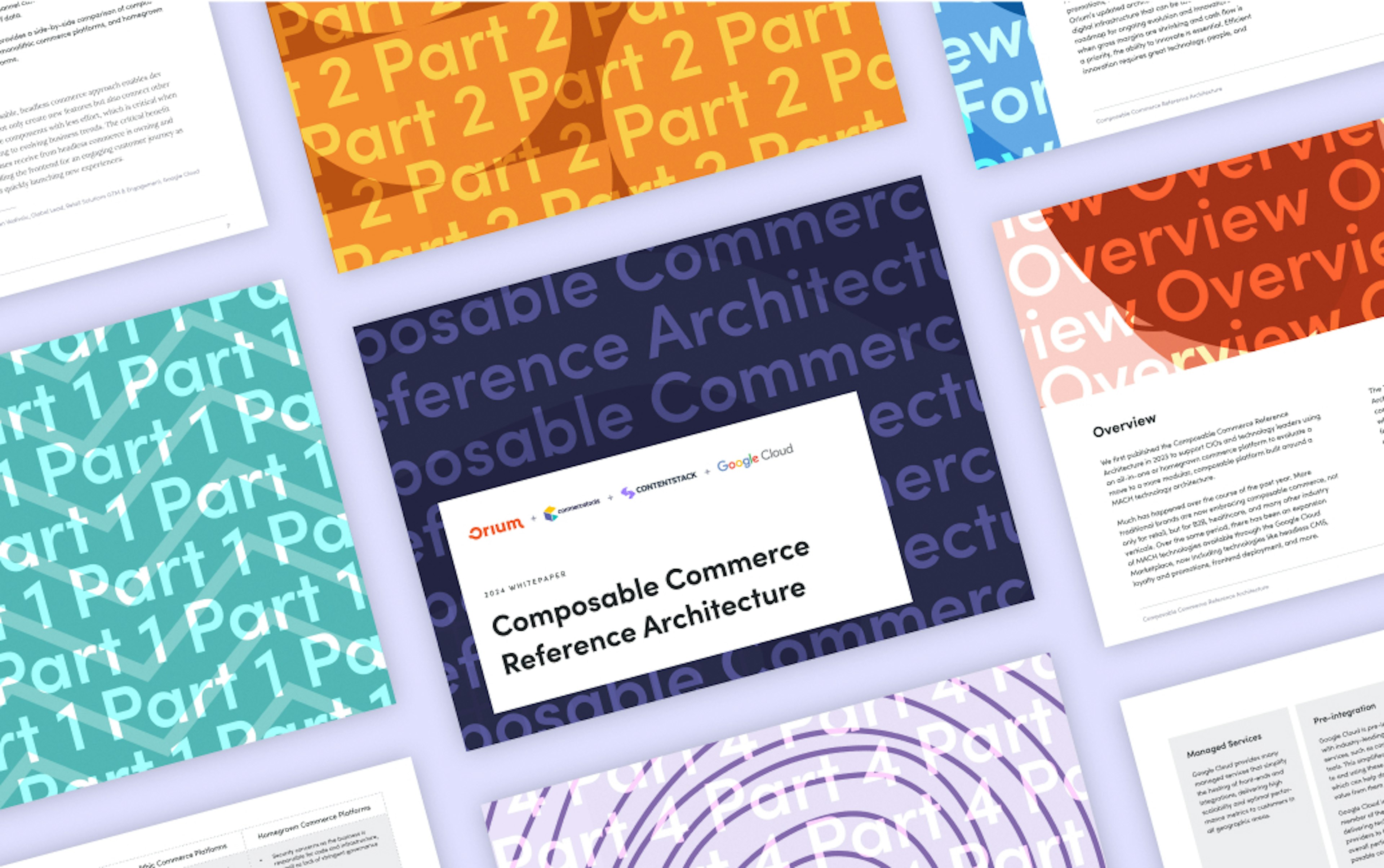 Multiple pages from the Composable Commerce Reference Architecture whitepaper on a purple background in a diagonal pattern.