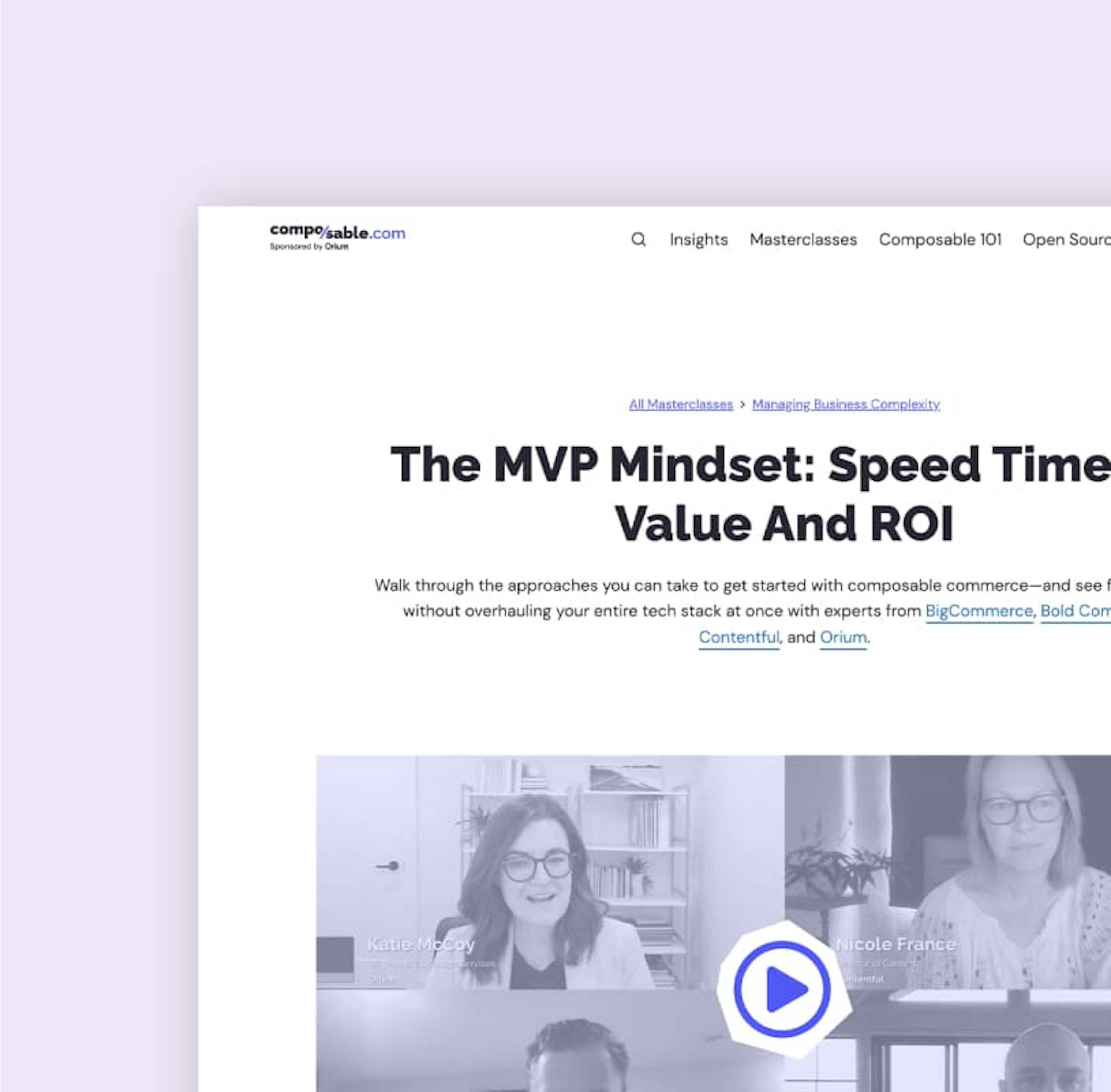 A landing page preview of the Composable.com masterclass titled "The MVP Mindset: Speed Time to Value and ROI".