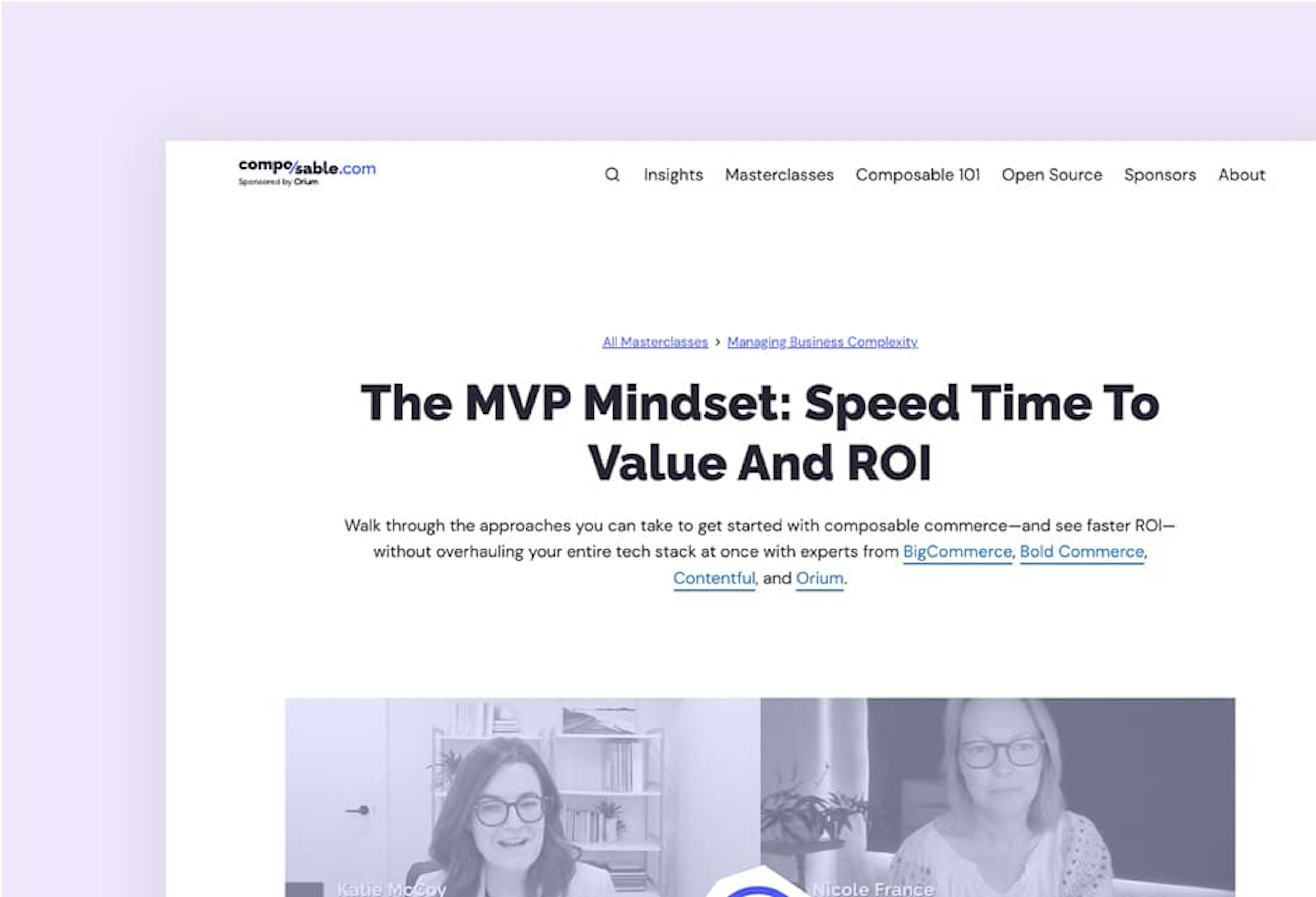 A screenshot of "The MVP Mindset: Speed Time Value and ROI" masterclass on Composable.com.