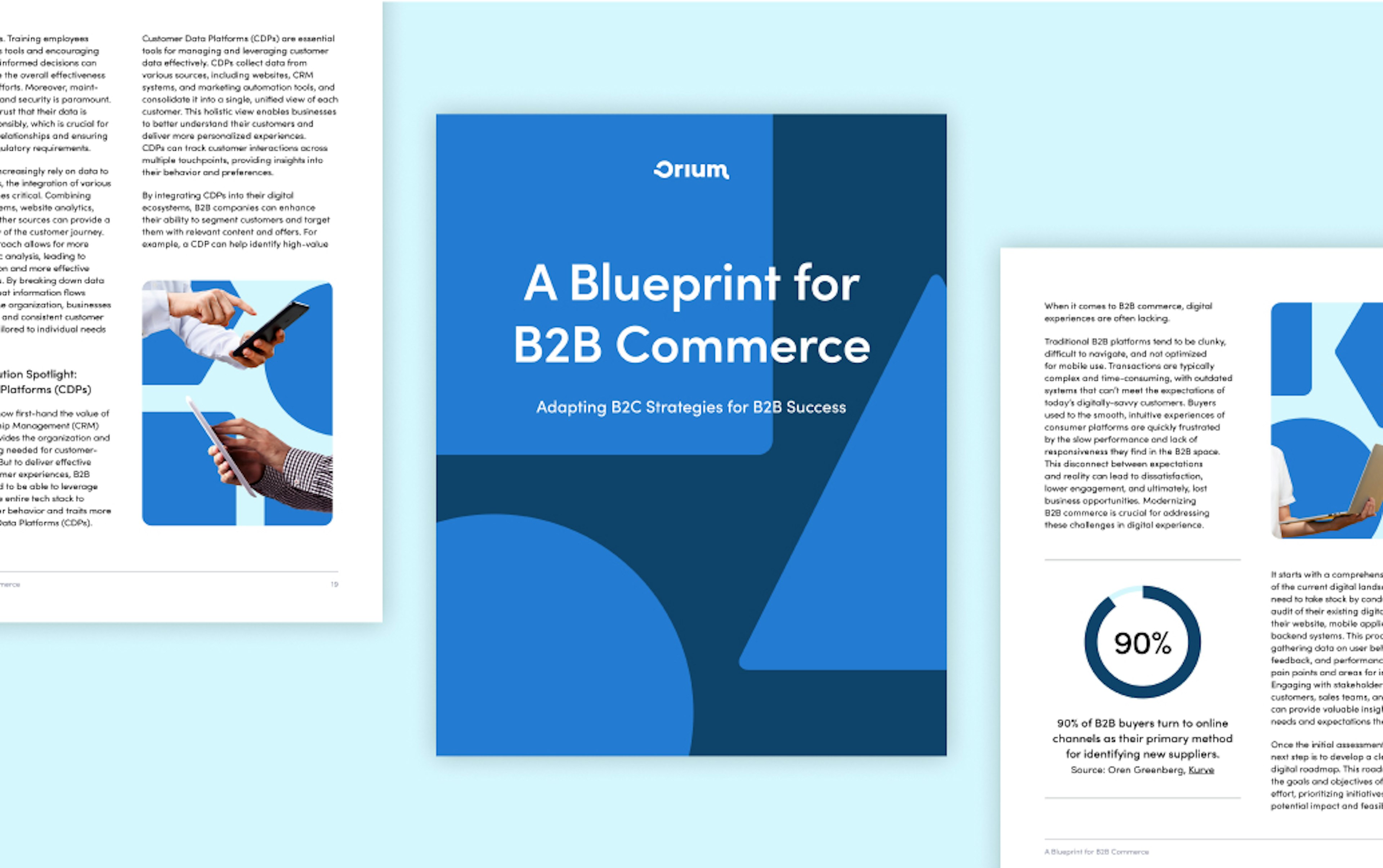 A three-image collage of pages of the B2B report with the title page in the centre that reads "A Blueprint for B2B Commerce"