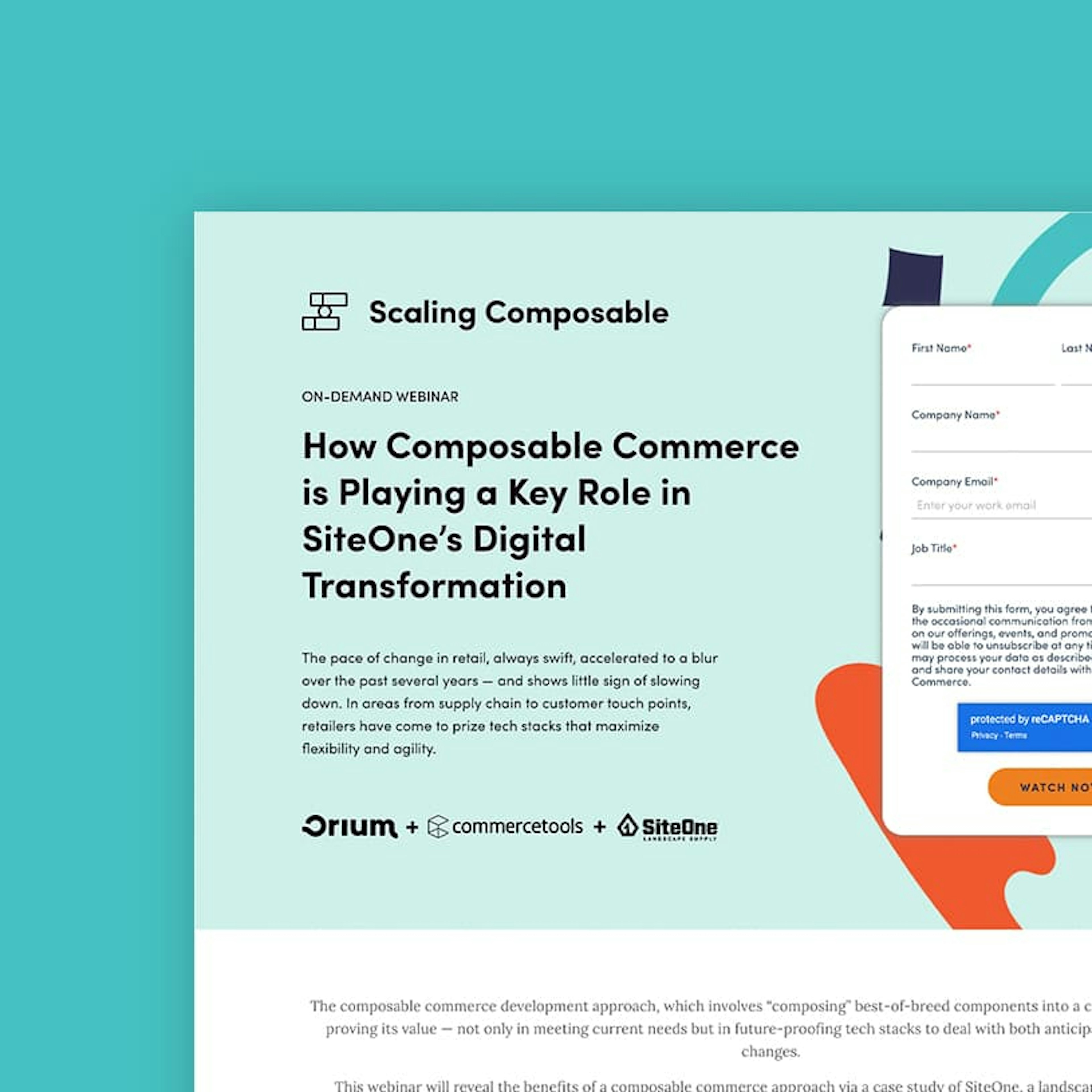 A preview of the Scaling Composable webinar page for "How Composable Commerce is Playing a Key Role in SiteOne's Digital Transformation".